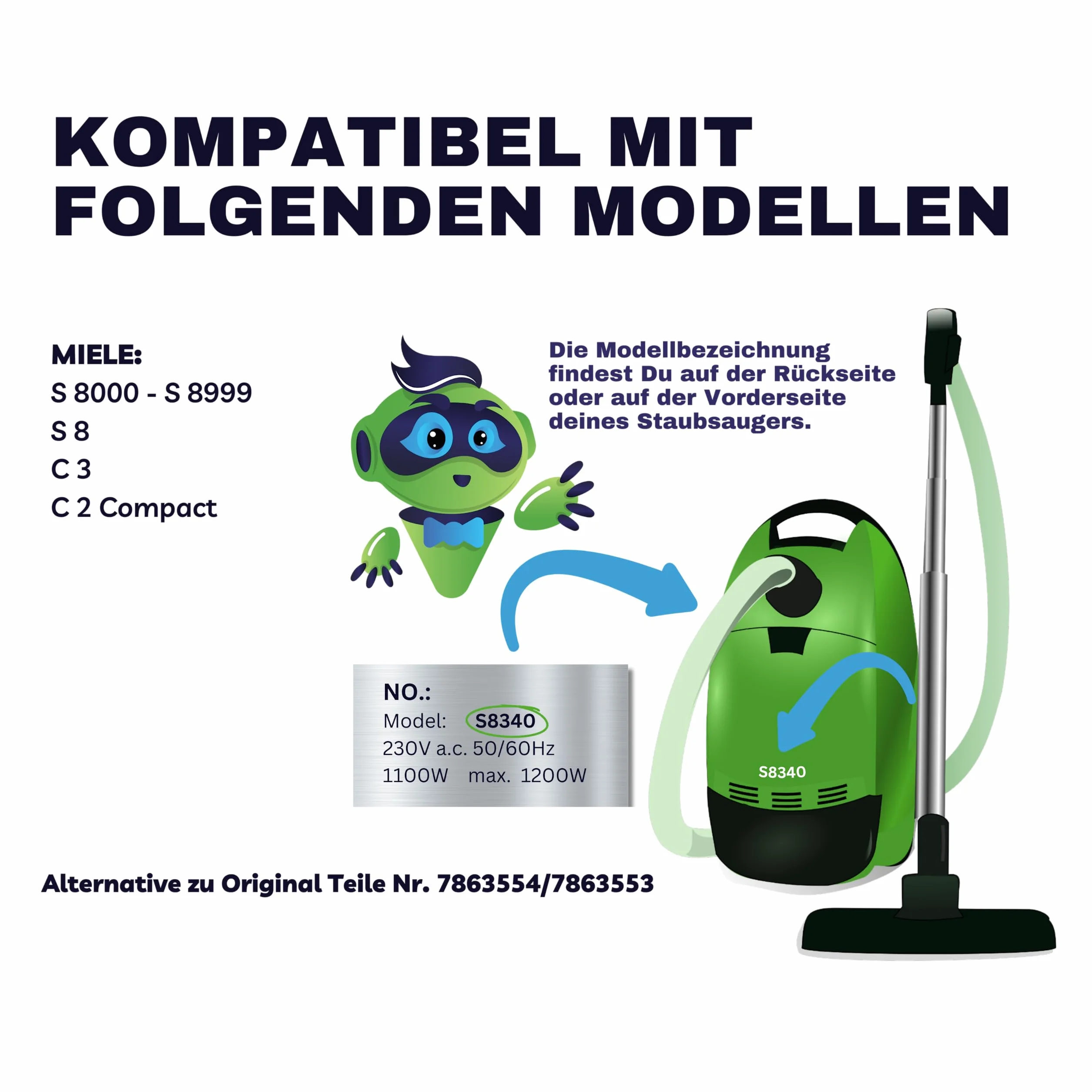 Staubsaugerschlauch kompatibel mit allen Miele Modellen S8, S8000, C3 Complete & C3 Compact (z.B. S8330 S8340 S8390 83790 C3 EcoLine Cat&Dog PowerLine Silence etc.) Ersatzteile für Miele 1,8m Standard