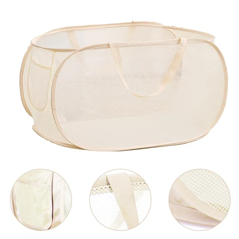 Faltbare Wäschekorb, Pop-Up-Design, Seitentasche, groß, für schmutzige Kleidung, Badezimmer, Kinderzimmer, Reisen, Camping, 57x36x36 cm, Beige, 2 Stück