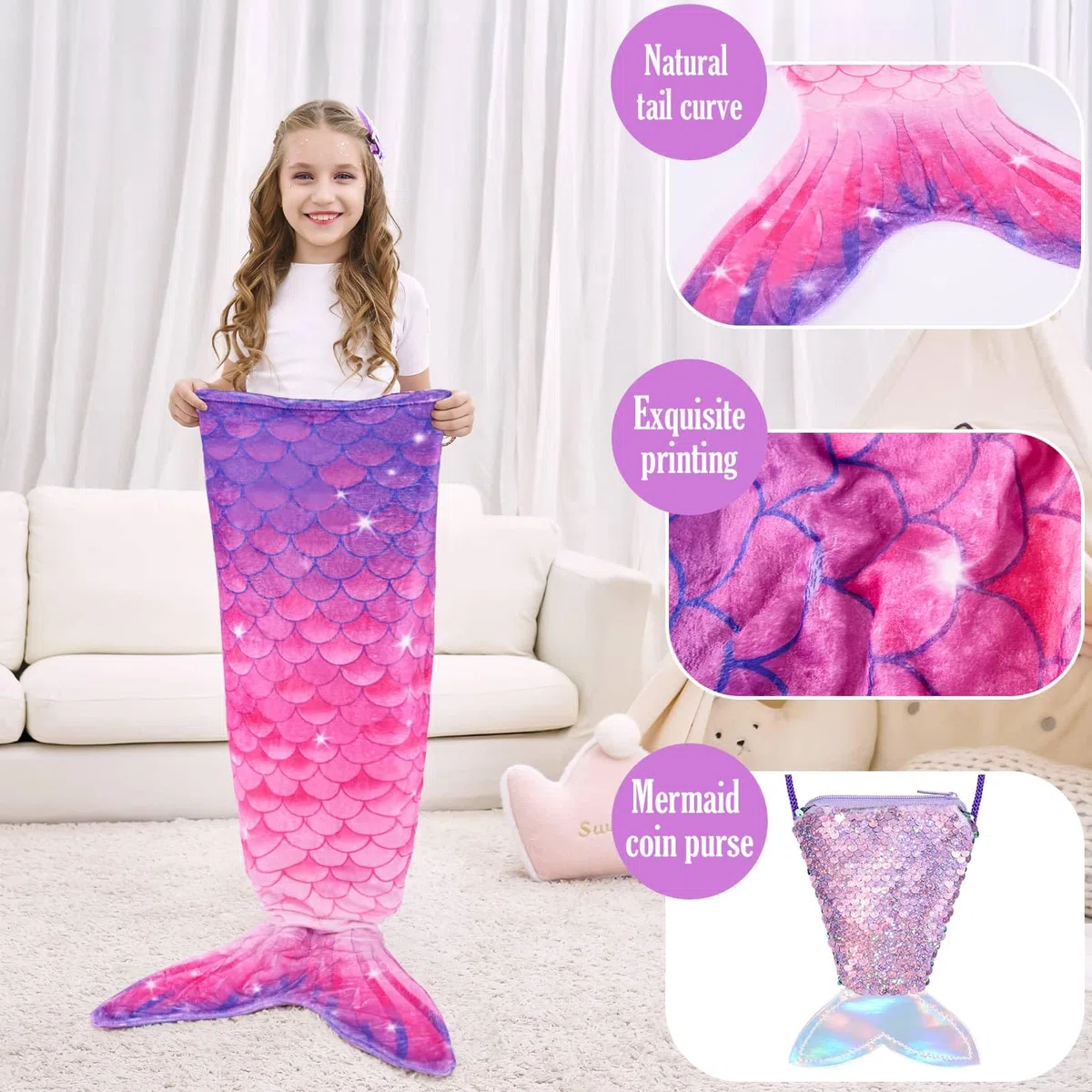WERNNSAI Meerjungfrauen Schwanz Decke für Kinder Mädchen - Weiche Meerjungfrauen Decke mit Pailletten Portemonnaie Flanell Mermaid Blanket für Teenager Geschenk zum Geburtstag (Lila & Rosa)