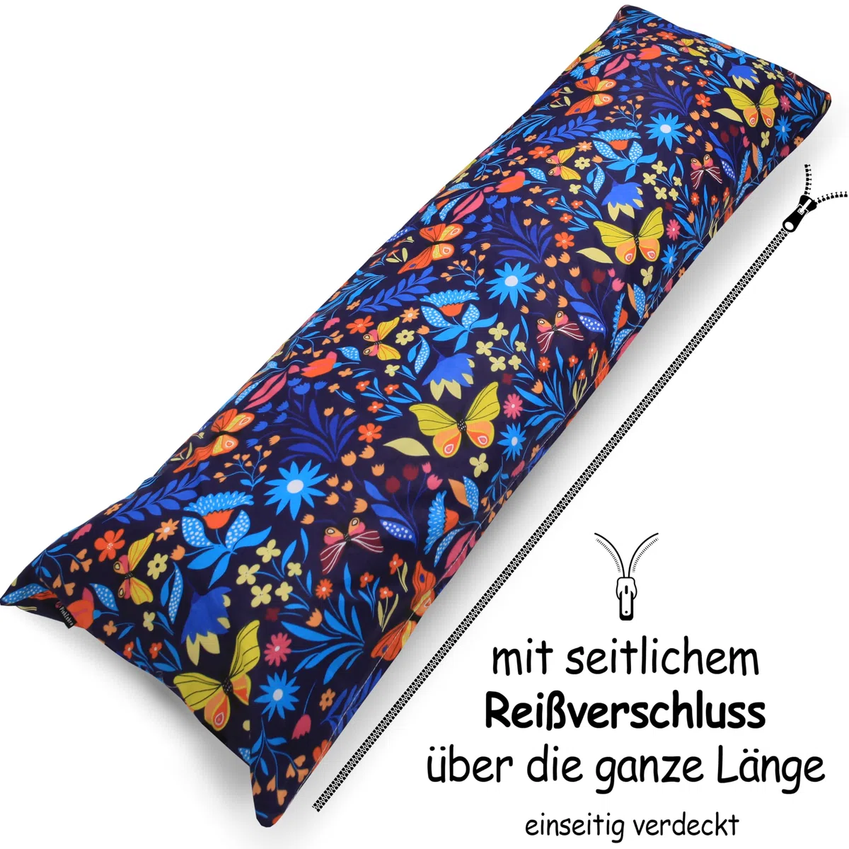 PinkZebra Seitenschläferkissen Bezug 40 x120 cm aus 100% Baumwolle, Kissenbezug für Kinder & Erwachsene, Kissenhülle mit Reißverschluss, Öko-tex Standard 100, Schmetterlinge Bunt