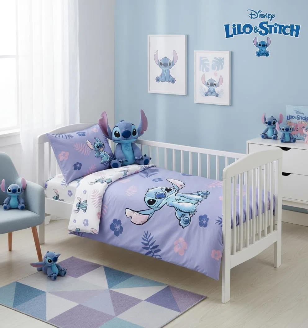 Disney Lilo & Stitch Bettwäsche-Set für Juniorbett | 100x135 cm Bettbezug & 40x60 cm Kissenbezug, 100% Baumwolle | Weiches, atmungsaktives tropisches Hibiskus- & Stitch-Design für Kleinkinder