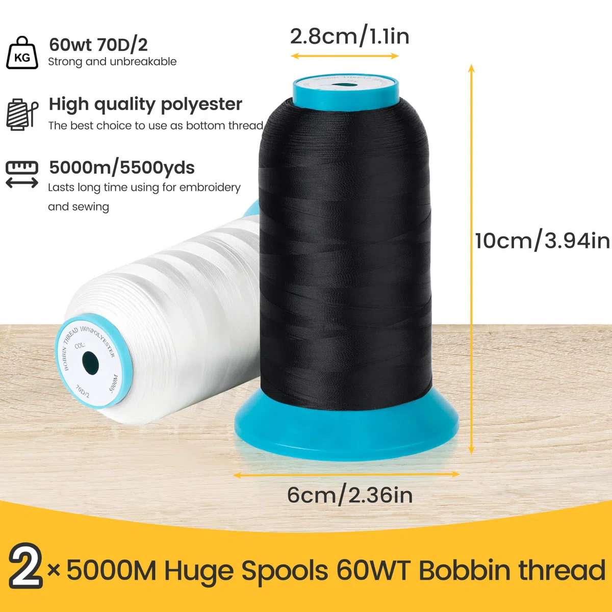New brothread 2er Set (Schwarz+Weiß) 5000M (5500Y) Stickerei Spulen Gewinde Polyester Maschinen Stickgarn Unterfaden für Stickmaschine und Nähmaschine