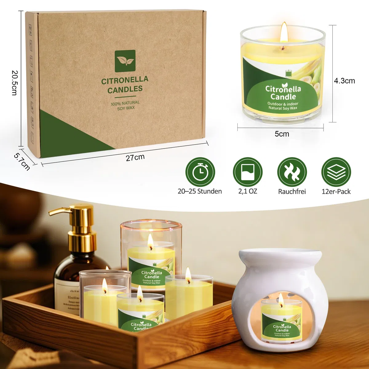 12 St Citronella Kerze Outdoor, 300 Std Draußen Citronella Duftlichter Klein Kerzen Natürliche Sojawachs Zitronella Garten Duft Kerze Indoor Draussen Sommergeschenk Set für Camping Picknick Terrasse