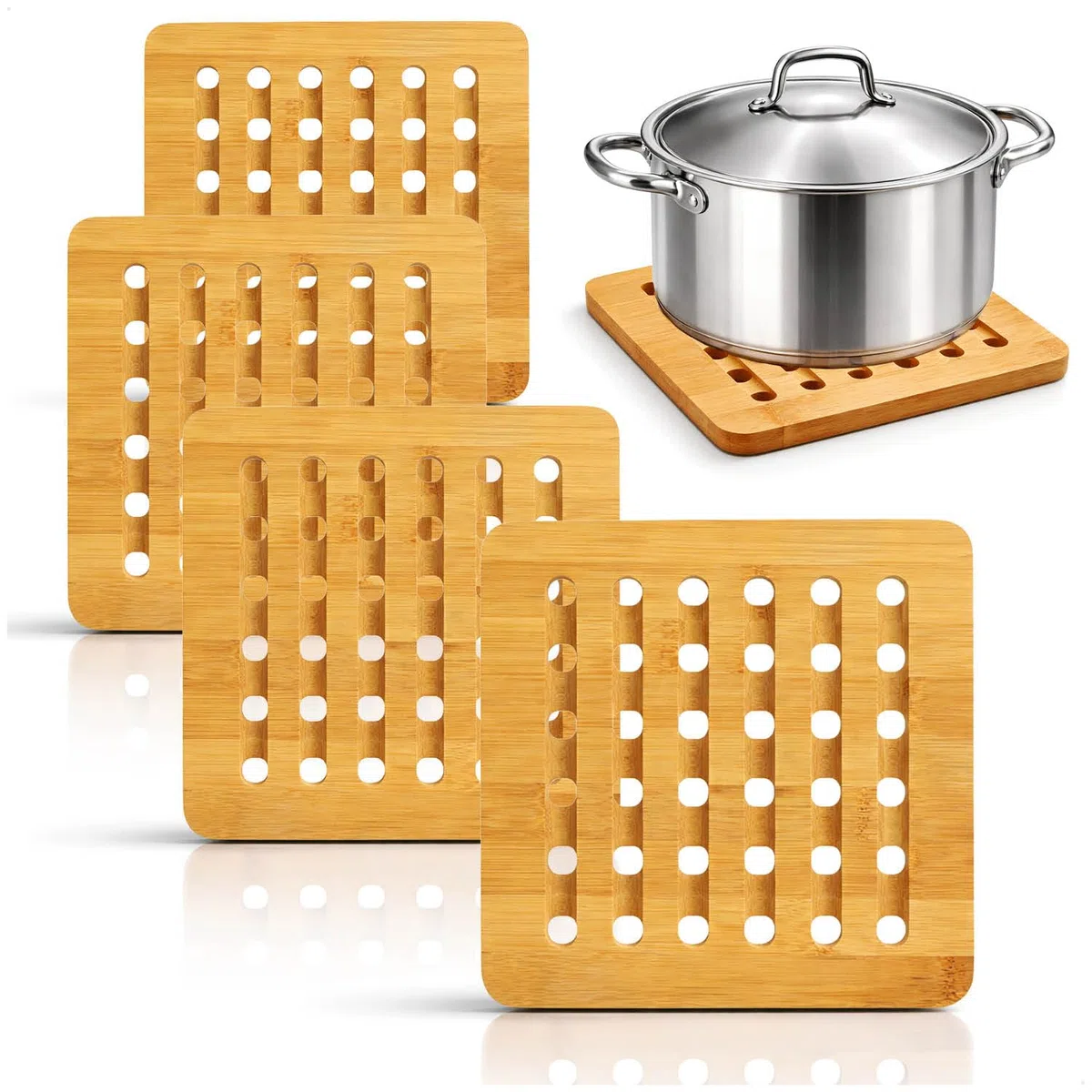 com-four® 4X Topfuntersetzer aus Bambus - langlebige Unterlagen für Töpfe, Pfannen, Auflaufformen und Teller - quadratischer Untersatz als Hitzeschutz - Holz-Untersetzer