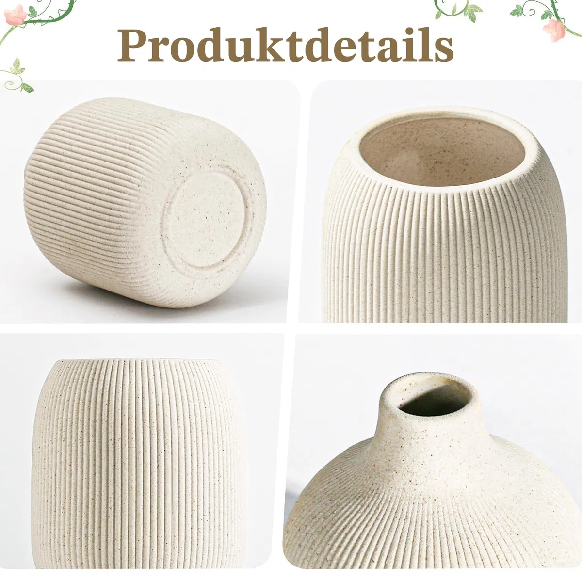 Dnnnii Kleines Keramikvasen-Set 3-TLG Beige - Minimalistische Vasen mit Rillendesign, kompakte Übergangsdekoration für Wohnzimmer, Schlafzimmer, Büro (3-TLG Beige Keramikset)