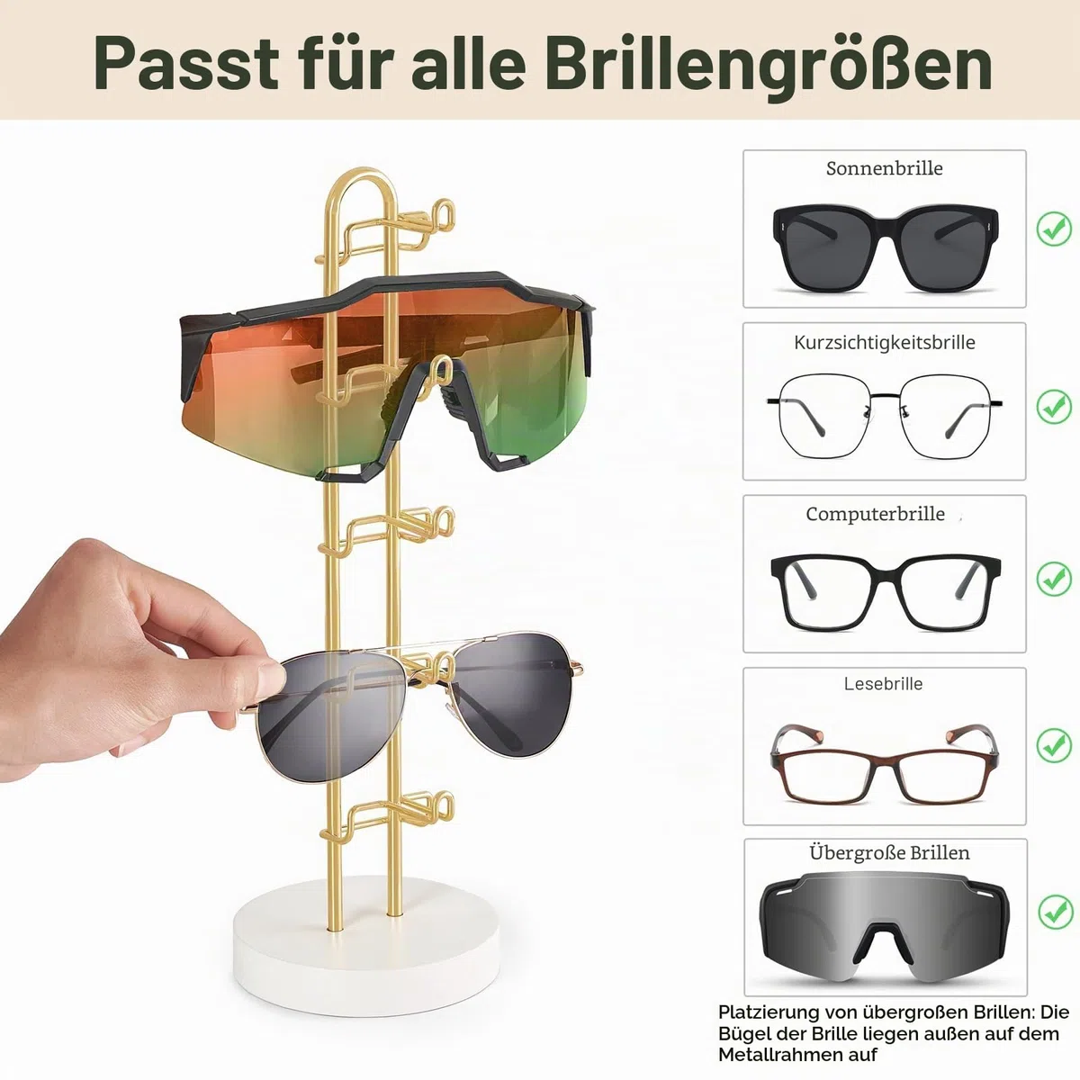 Mkono Sonnenbrillen-Organizer, Brillenhalter, Ständer, Sonnenbrillen-Aufbewahrung, Brillenregal, Metallrahmen mit Holzsockel, für 5 Paar Brillen-Display für Tisch, Schreibtisch, Dresser, Gold