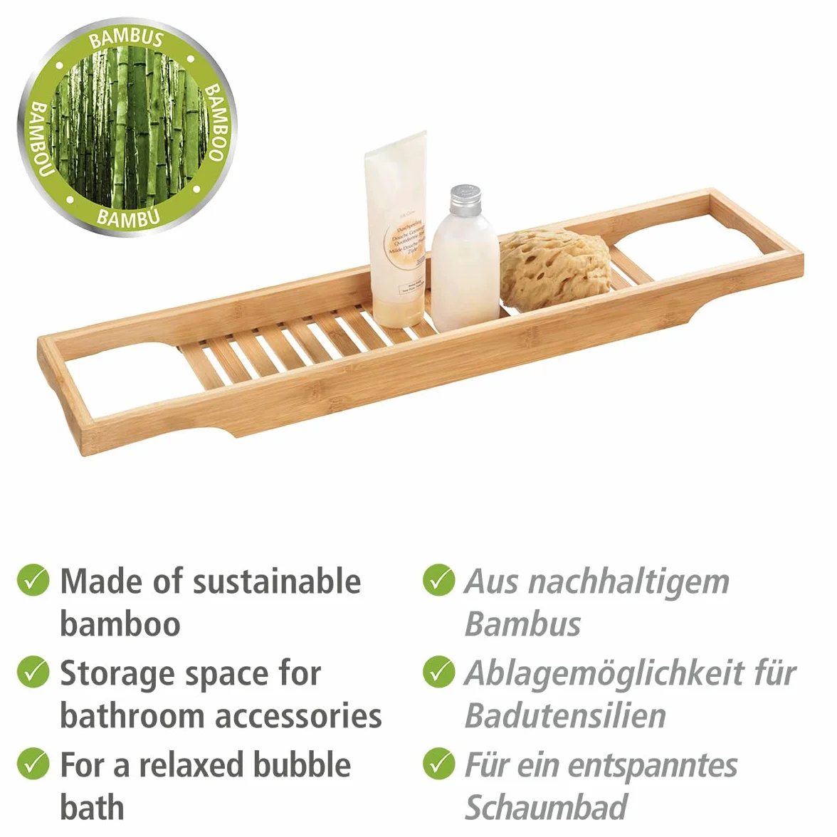 WENKO Badewannentablett Bambusa aus hochwertigem Bambus mit praktischer Ablagemöglichkeit für Badutensilien, geräumiger Wannenaufsatz, nachhaltige Badewannenauflage, 70 x 4,5 x 16 cm, Natur