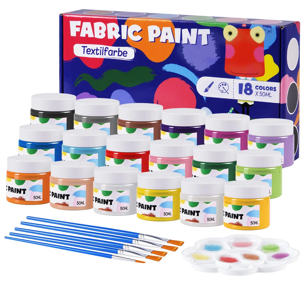 Textilfarbe Waschmaschinenfest 18 Farben je 50ml - Stoffmalfarben Set mit 5 Pinseln, Mischpalette - Hochdeckend für T-Shirts, Jeans, Schuhe auf hellen und dunklen Stoffen