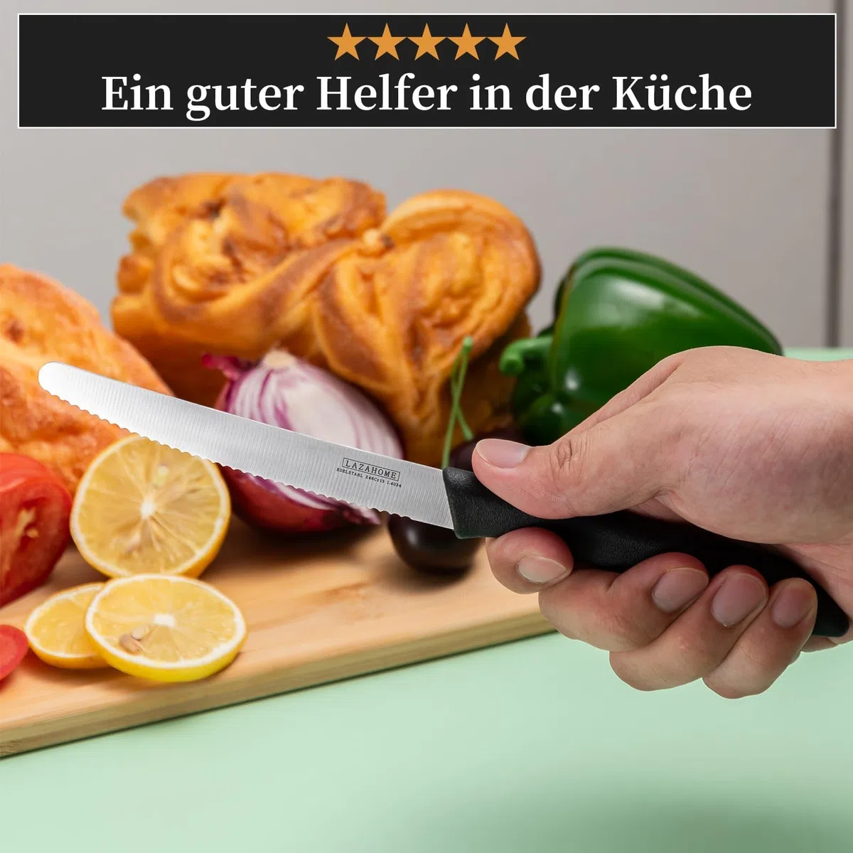 Tafelmesser mit Wellenschliff Set 12-teilig，Professionelles Tafelmesser aus Scharf Edelstahl，Komfortabler Griff，Für Brot, Tomaten, Obst & Pizza, Leicht Zu Reinigen, Schwarz