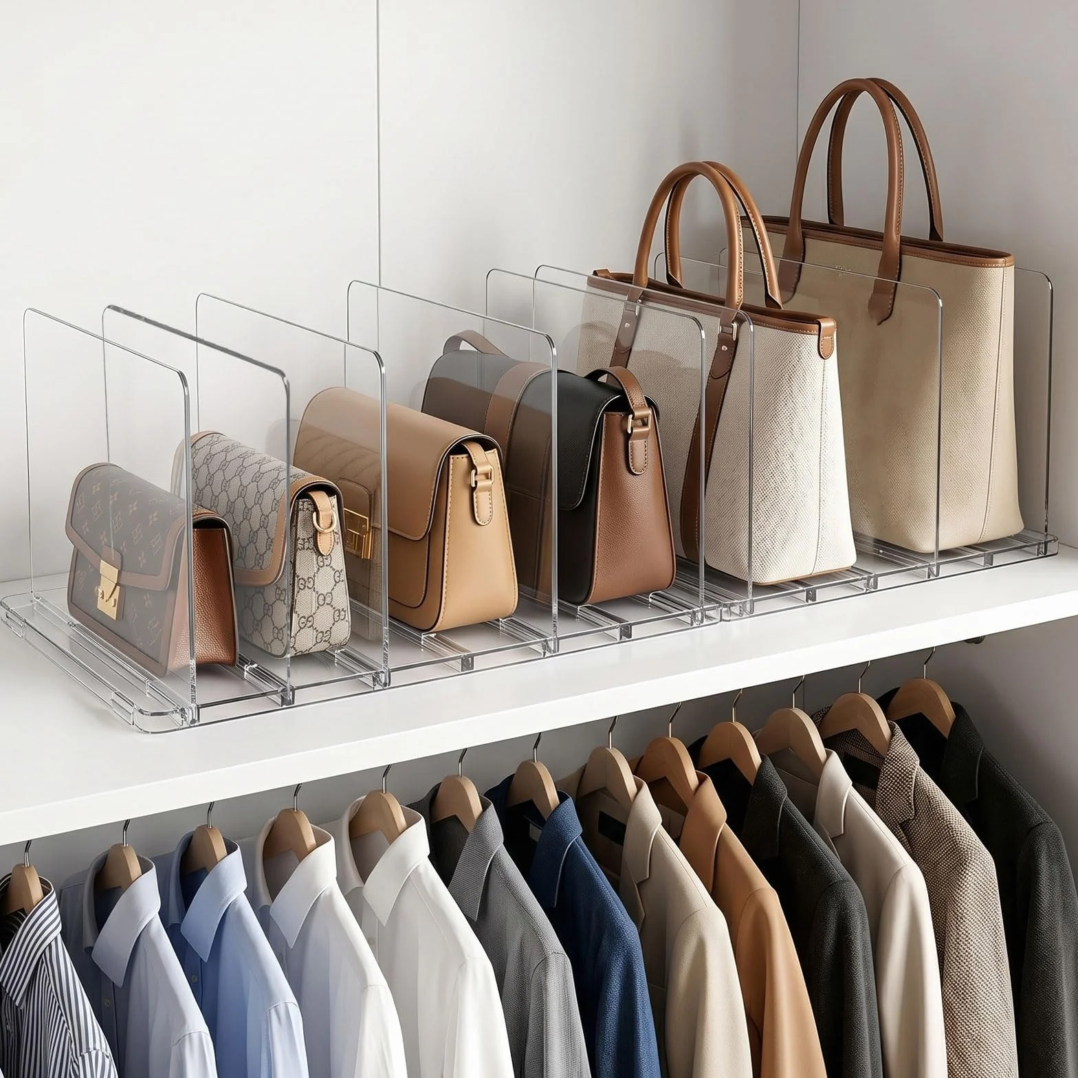 2 Stück Handtaschen Trenner 4 Kammer, Verstellbarer Acryl Regaltrenner, Transparenter Schrank Organizer, Abnehmbare Taschen Aufbewahrung für Kleiderschrank,Bücherregal