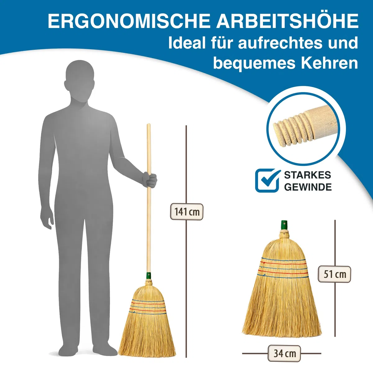 Peggy Perfect - Hochwertiger Strohbesen, Reisstrohbesen mit 5-facher Naht, Buchenholzstiel und extra dickem Reisstrohbesatz. Gesamtgröße 141x34x5cm. Naturprodukt aus nachhaltigen Materialien.