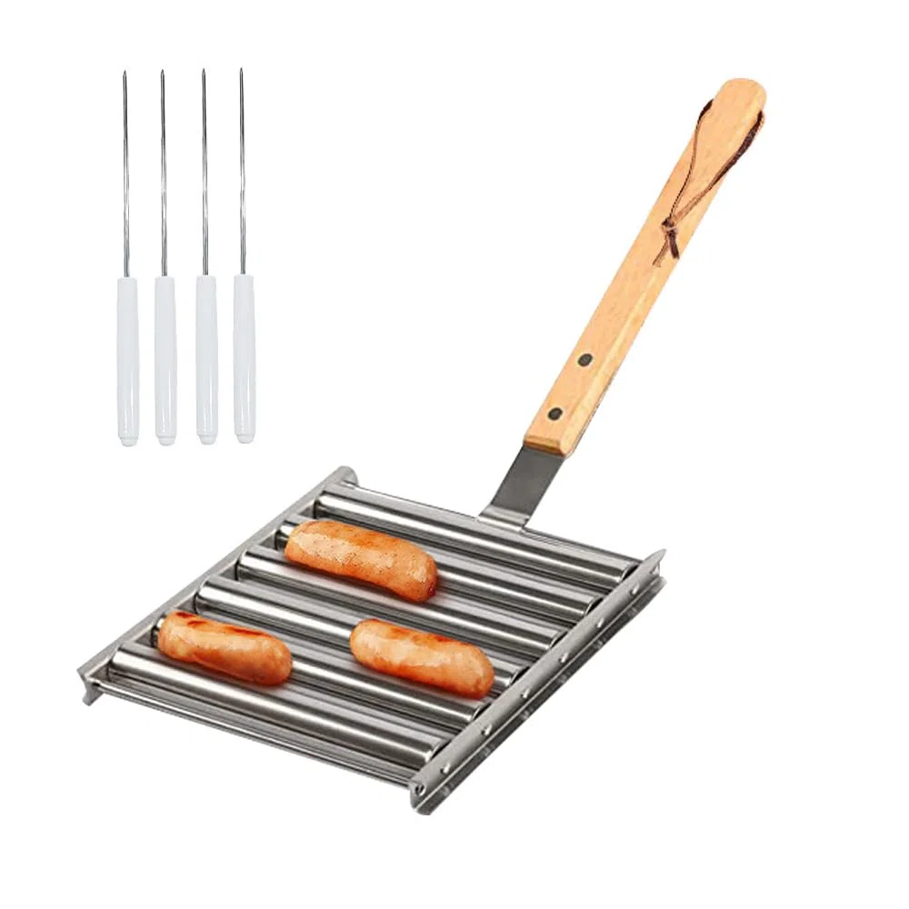 Rollender Wurstgrill Edelstahl-BBQ-Hot-Dog-Rollgestell mit langem Holzgriff und 4 Spießen für Außengrill, 5 Hotdog-Kapazität, Mittel