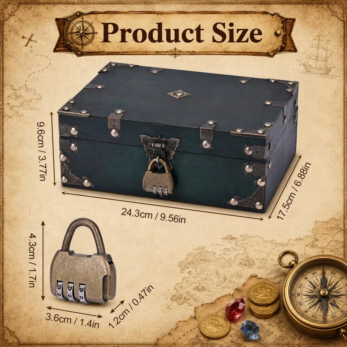 24x17x10cm Vintage Schatztruhe Box Holz Schatzkiste mit Schloss Schatzbox für Kinder Piratentruhe Kindergeburtstag Piratenkiste Piraten Holztruhe Holzkiste für Schatzsuche Schmuckkästchen Holzkästchen
