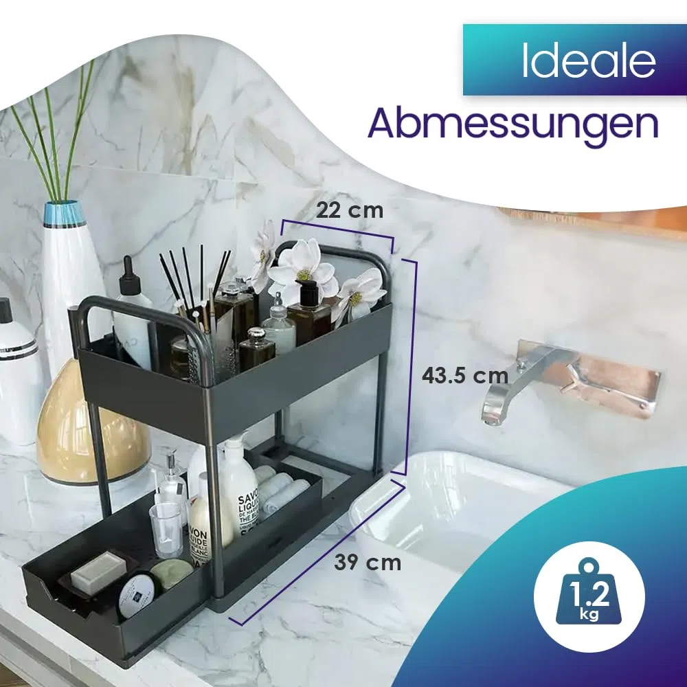 Unter-Spüle Organizer – Küchen Organizer für Spülenschrank & Bad – 2 Etagen Regal platzsparend mit 4 Haken, 2 Bechern & 4 Trennblättern – Schwarz