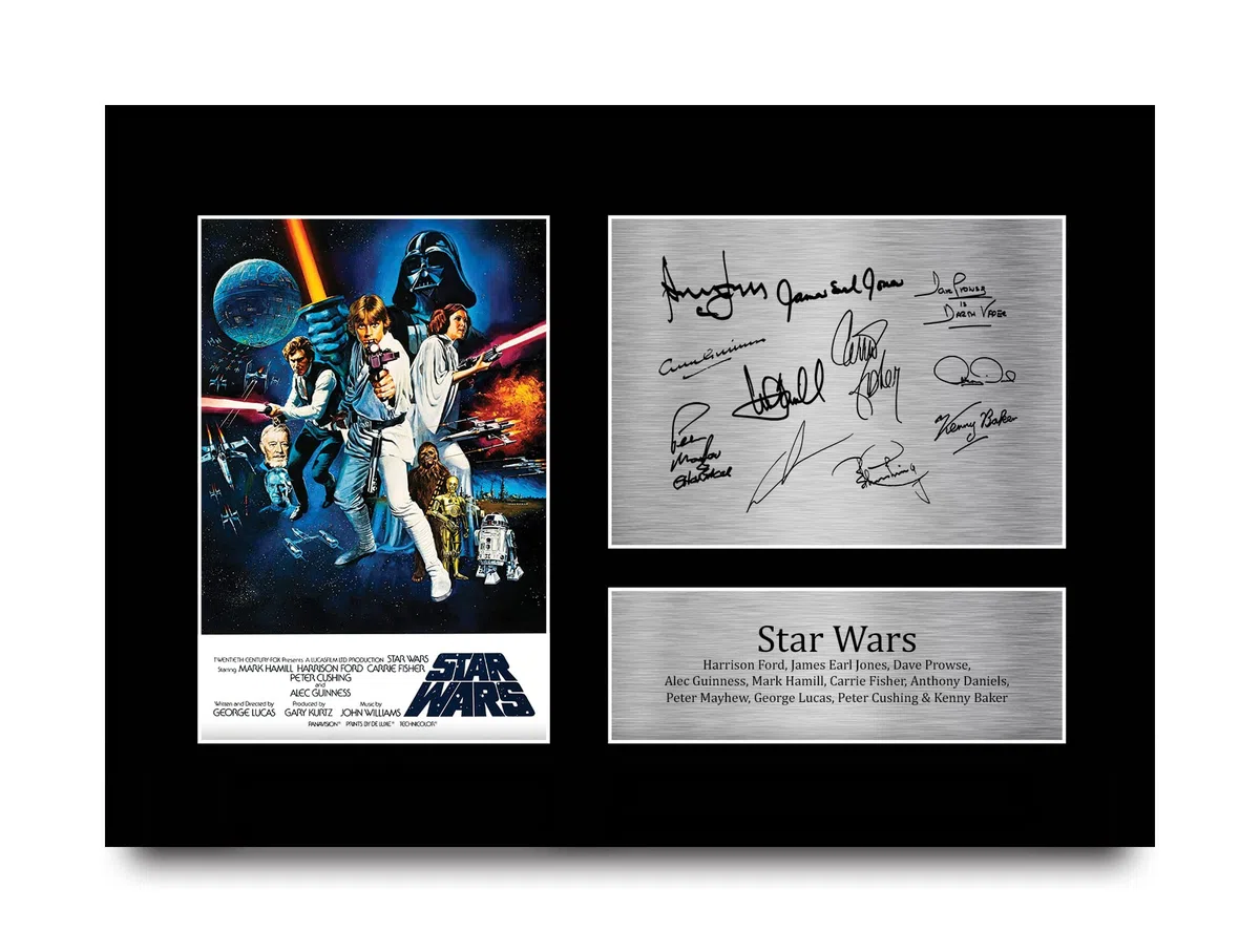 HWC Trading A4 Star Wars New Hope Cast Mark Hamill, Carrie Fisher, Harrison Ford Geschenke Geducktes Signiertes Autogramm Foto für Fans von Film Memorabilien - A4