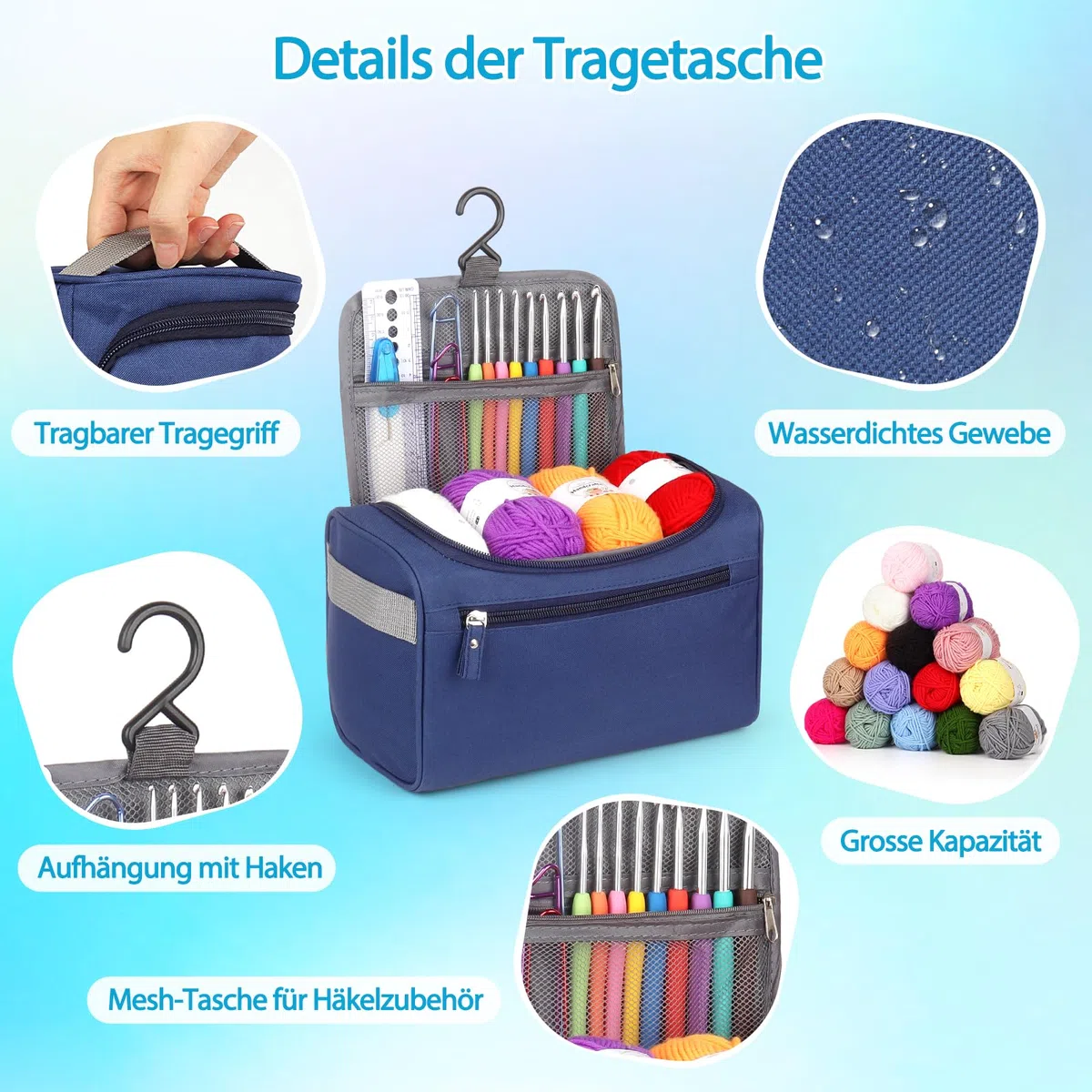 Coopay Tragbar Häkelset für Anfänger, Häkelnadel Set mit 15 Wolle, Tasche, Häkelzubehör, Ergonomische Häkelnadeln mit Weicher Griff und Metall Häkelnadel, 2,0-10 mm Praktische Häkelnadel Set Geschenk