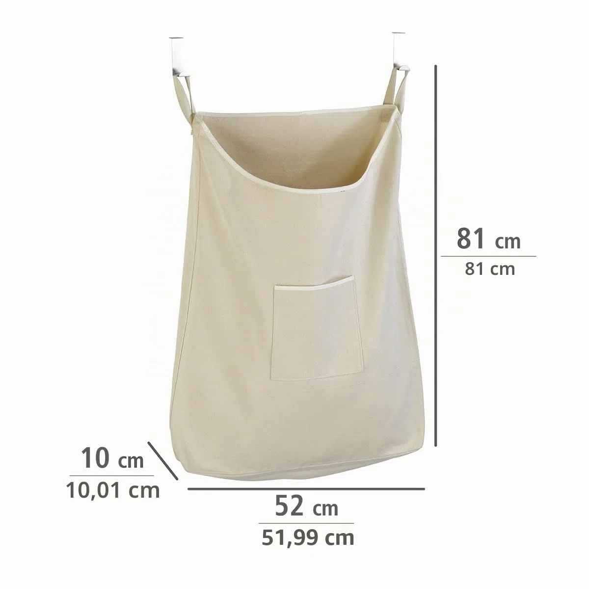 WENKO Über-Tür Wäschesammler Mod. Canguro Beige rostfreien Edelstahlhaken und praktischer Reisverschlussöffnung zur leichten Wäscheentnahme, 65 l Stauraum in einem Fach, (B x H x T): 52 x 81 x 10 cm