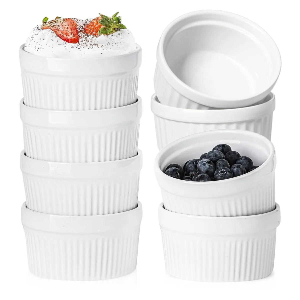 8 Stück Creme Brulee Schälchen,Souffle Förmchen Backofenfest,Ofenfeste Förmchen,Keramik Ramekins für Ragout Fin Schalen,Leckere Würzfleisch,Muffin,Panna Cotta,7.5cm 120 ml,Weiß