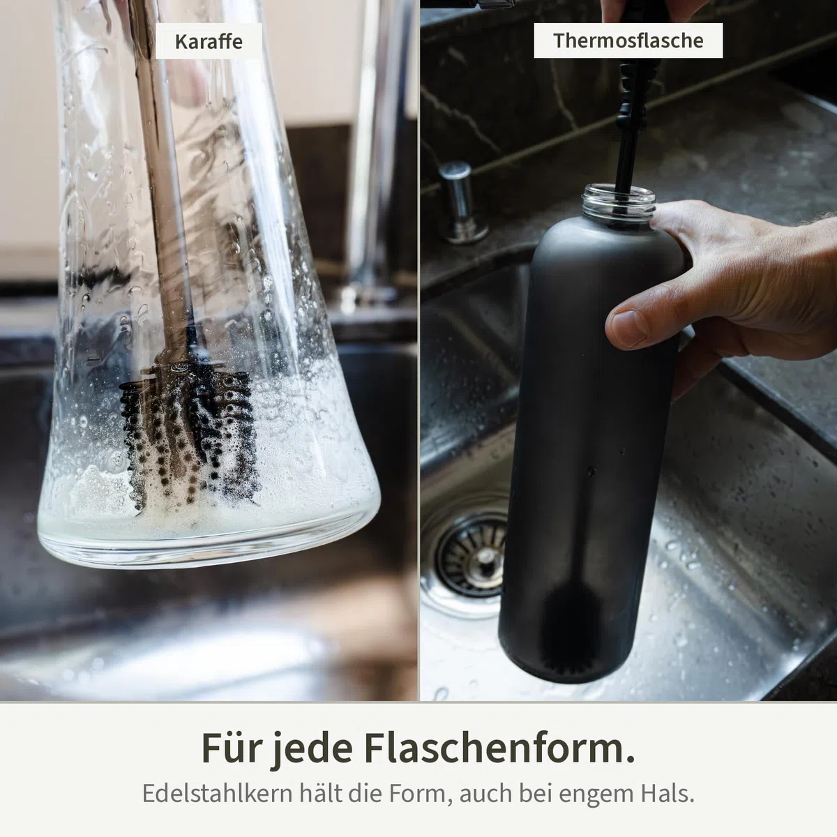 Flaschenbürste Extra Lang 38cm – KAVORA | Silikon, Edelstahlkern, kein Rost, kein Geruch, LFGB-Zertifiziert, Schwarz