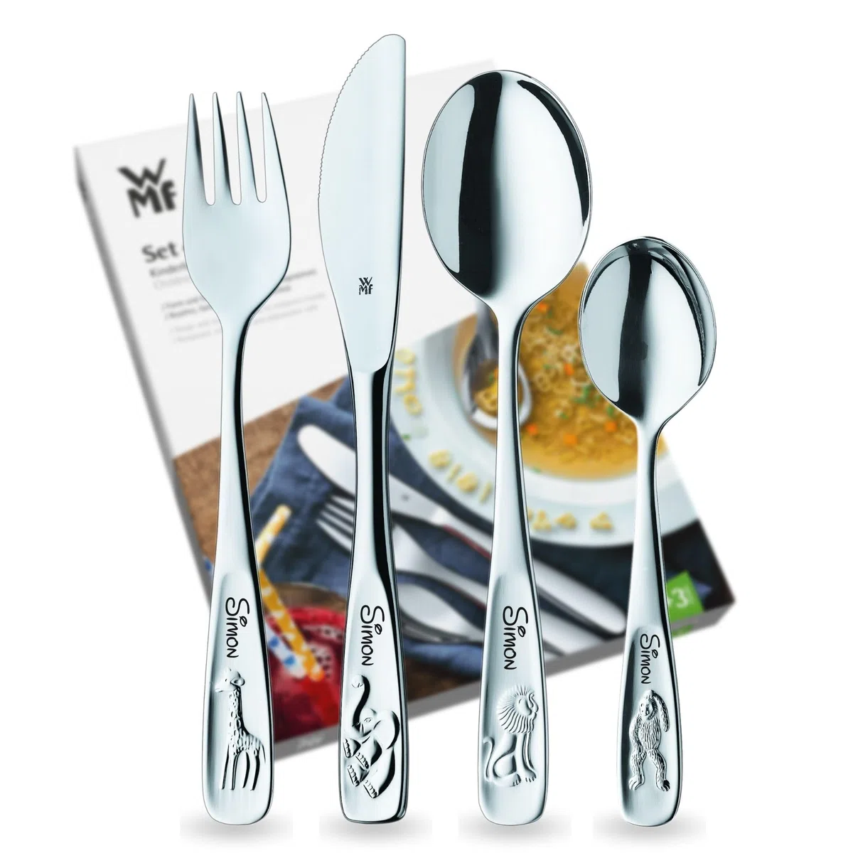 WMF Kinderbesteck mit Namensgravur, Edelstahl, 4-teilig, spülmaschinengeeignet, Geschenk zur Taufe, Taufgeschenke für Mädchen und Jungen, Kinderbesteck mit Gravur, Besteckset ab 3 Jahre, Tiere