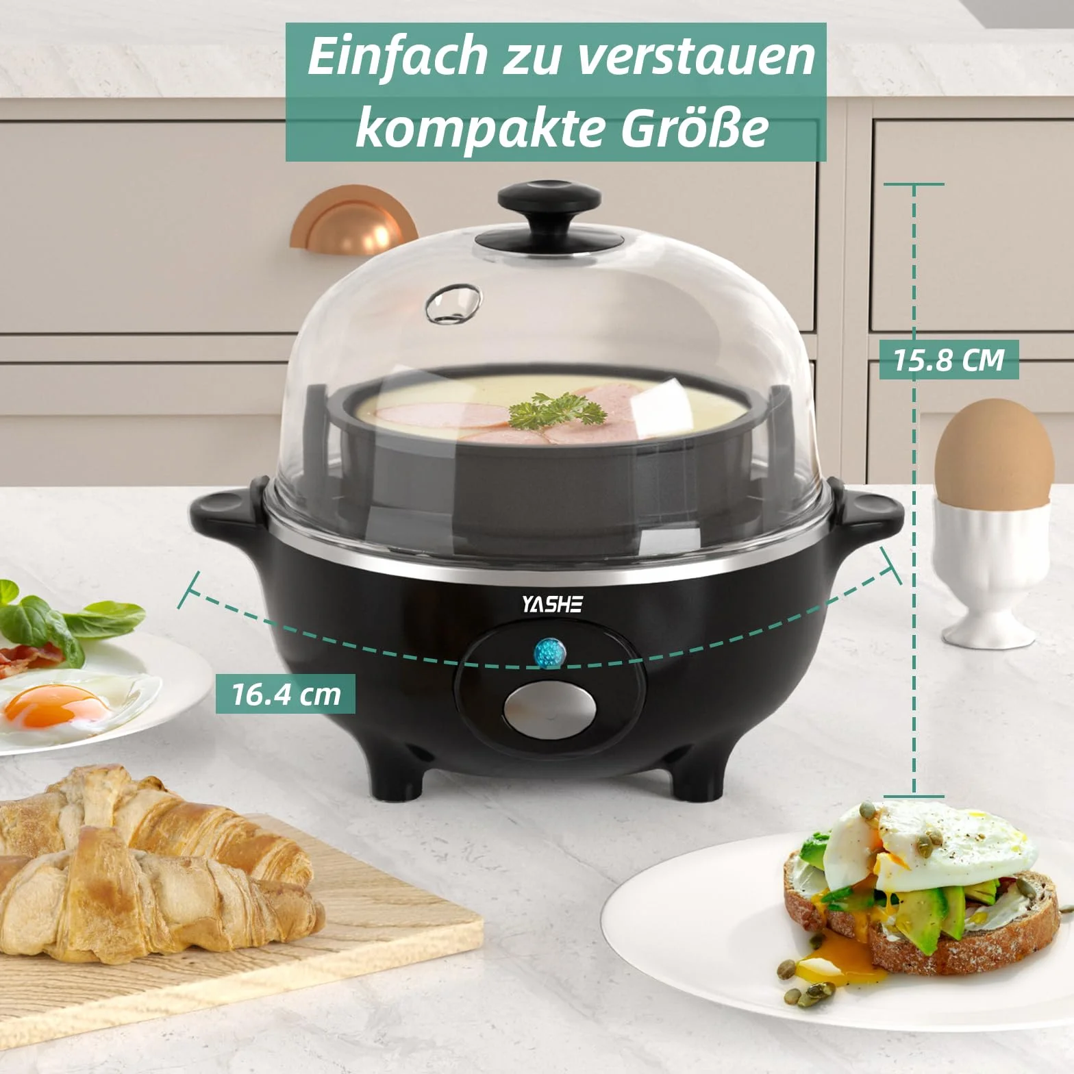 YASHE Eierkocher, 360W Kompakter Egg Cooker Multifunktional, 7 Eier leicht zu Pellen, Weich, Mittel, Hart Gekocht, Eierbecher, Omelett-maker, Dampfgarer, Signalton, Kontrollleuchte, BPA-frei
