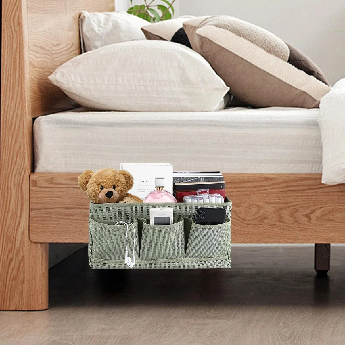 Net Nachttisch-Hängeaufbewahrung,Bett Organizer Zum Einhänge,betttaschen hängeaufbewahrung,Bett-Organizer,Betttasche zum Einhängen 3 Fächer,Hänge-Aufbewahrungstasche für Zuhause,Schule,Wohnheim (Grün)