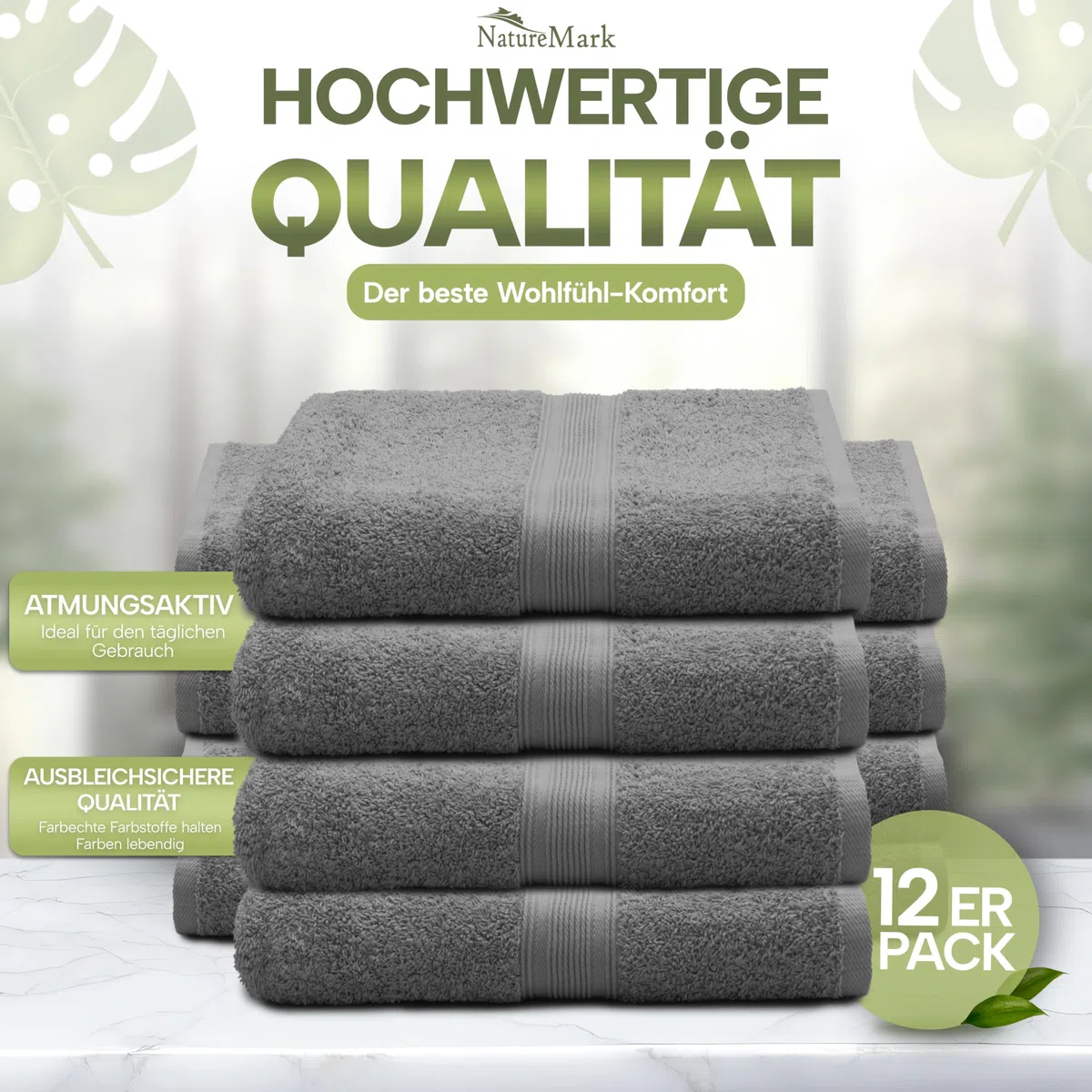 NatureMark Gästetücher – 12er Pack (30x50 cm), 100% Baumwolle, Oeko-Tex Zertifiziert, weich, saugfähig und pflegeleicht – Für Bad, Gäste & Spa – Anthrazit/Grau