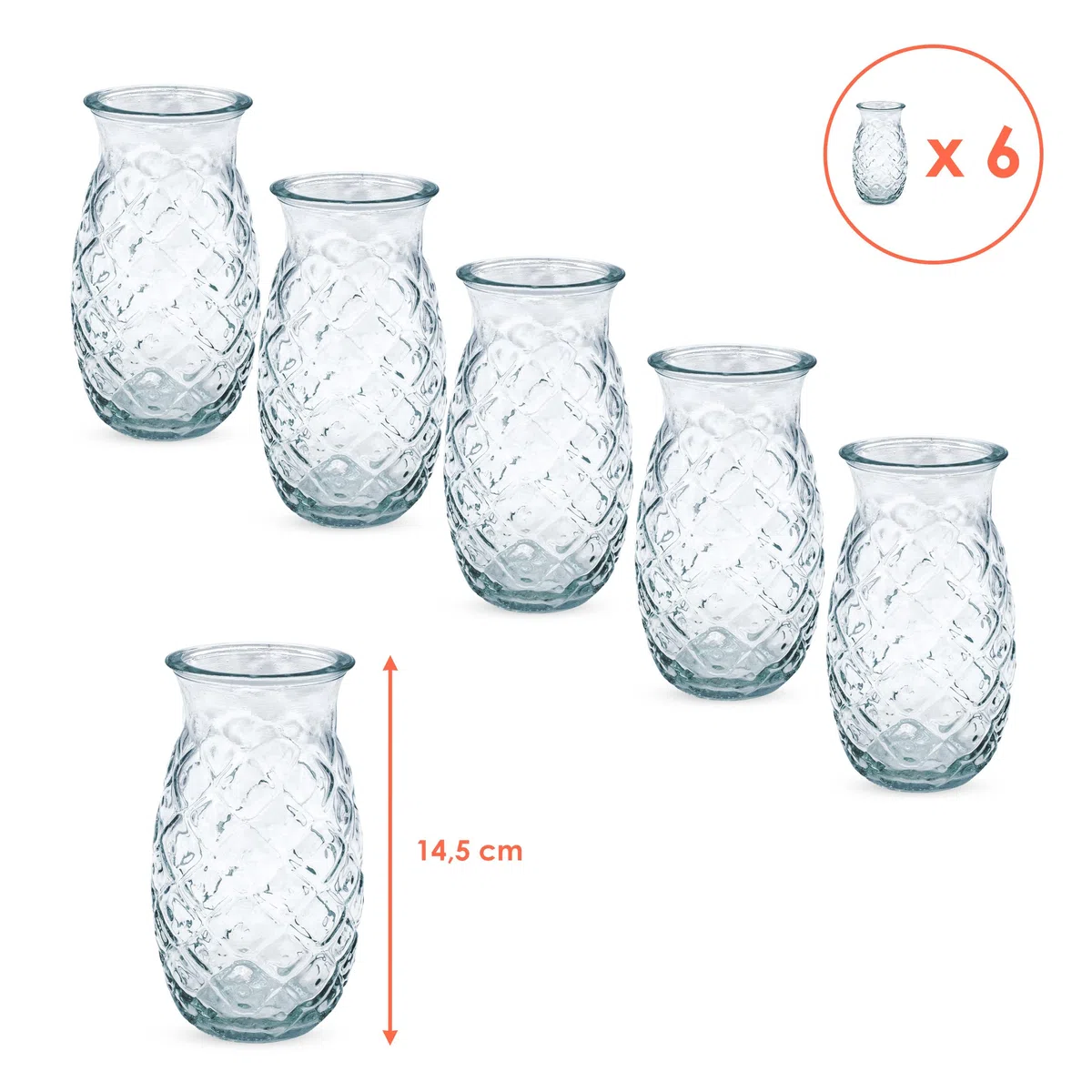 Spetebo Cocktail Glas Ananas Design 400 ml, 6er Set, klar mit Relief | Longdrink Partygläser, Pineapple Tiki Cocktailbecher, Spülmaschinengeeignet, Wiederverwendbar, Für Wasser und Saft