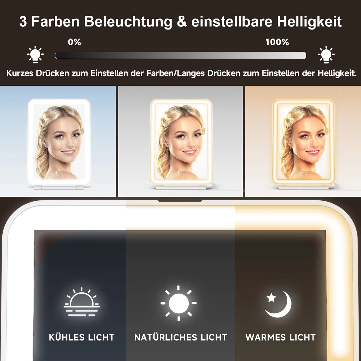 Mocado Reisespiegel mit Licht, Wiederaufladbarer Kosmetikspiegel mit Beleuchtung, 3 Lichtfarben & 72 LED Leuchten, 10-fach Mini Vergrößerungsspiegel, Tischspiegel für Zuhause Reise, Touchscreen - Weiß