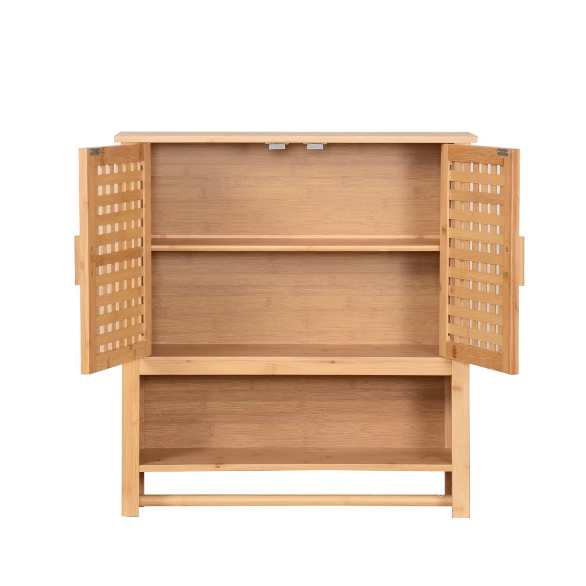 Hängeschrank aus Bambus fürs Badezimmer Wandschrank mit 2 Türen Handtuchhalter & Ablage Badschrank mit Regalfächern Platzsparend 66x62x20cm Natural (Land)