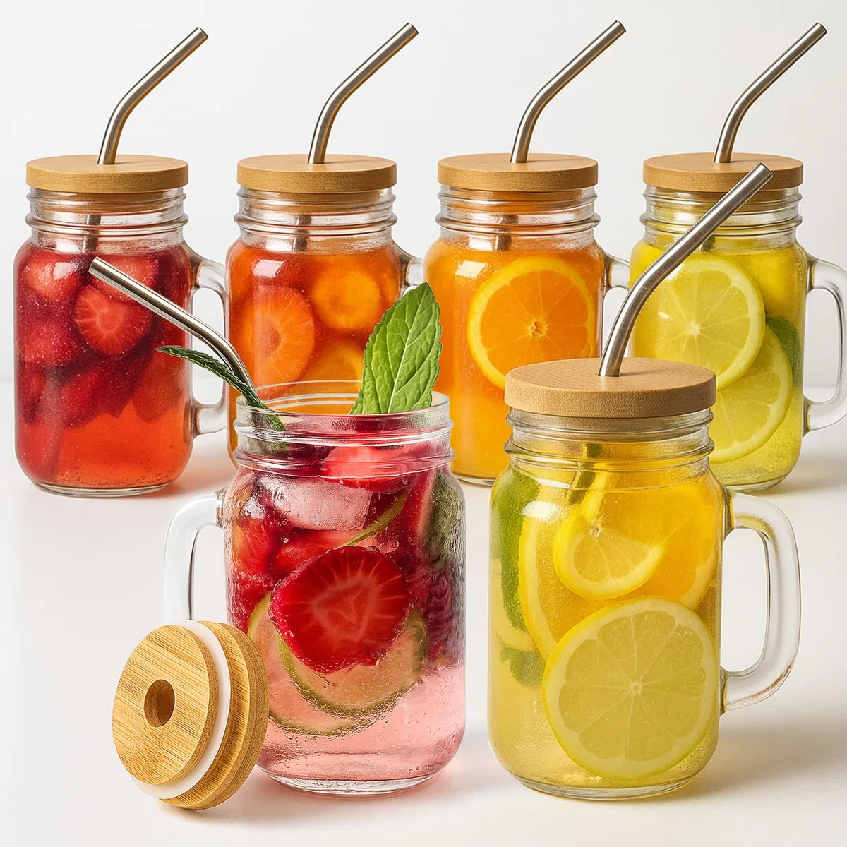 OAMCEG 6 Stück Glas mit Deckel und Strohhalm – 480ml Glasbecher mit Henkel und Holzdeckel – Wiederverwendbare Mason Jar Gläser für Saft, Iced Kaffee, Matcha, Smoothies, Kinder & Geschenk