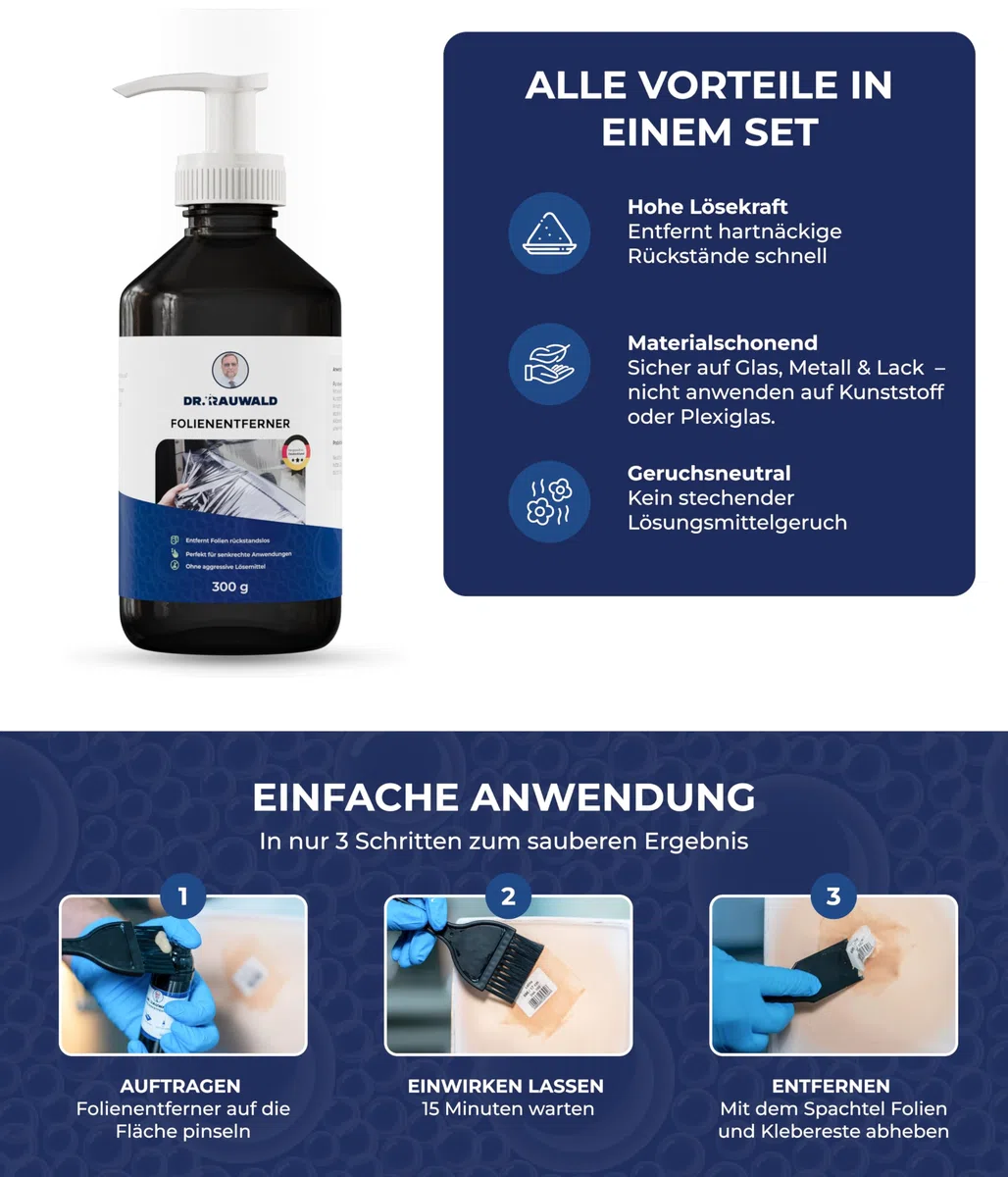 Charlott Dr. Rauwald Folienentferner Auto 300ml gegen Aufkleber & Klebereste | Lackschonend (pH-neutral) & geruchsneutral. Löst Tönungsfolie, Werbefolie & Vignetten rückstandslos in nur 15 Min.