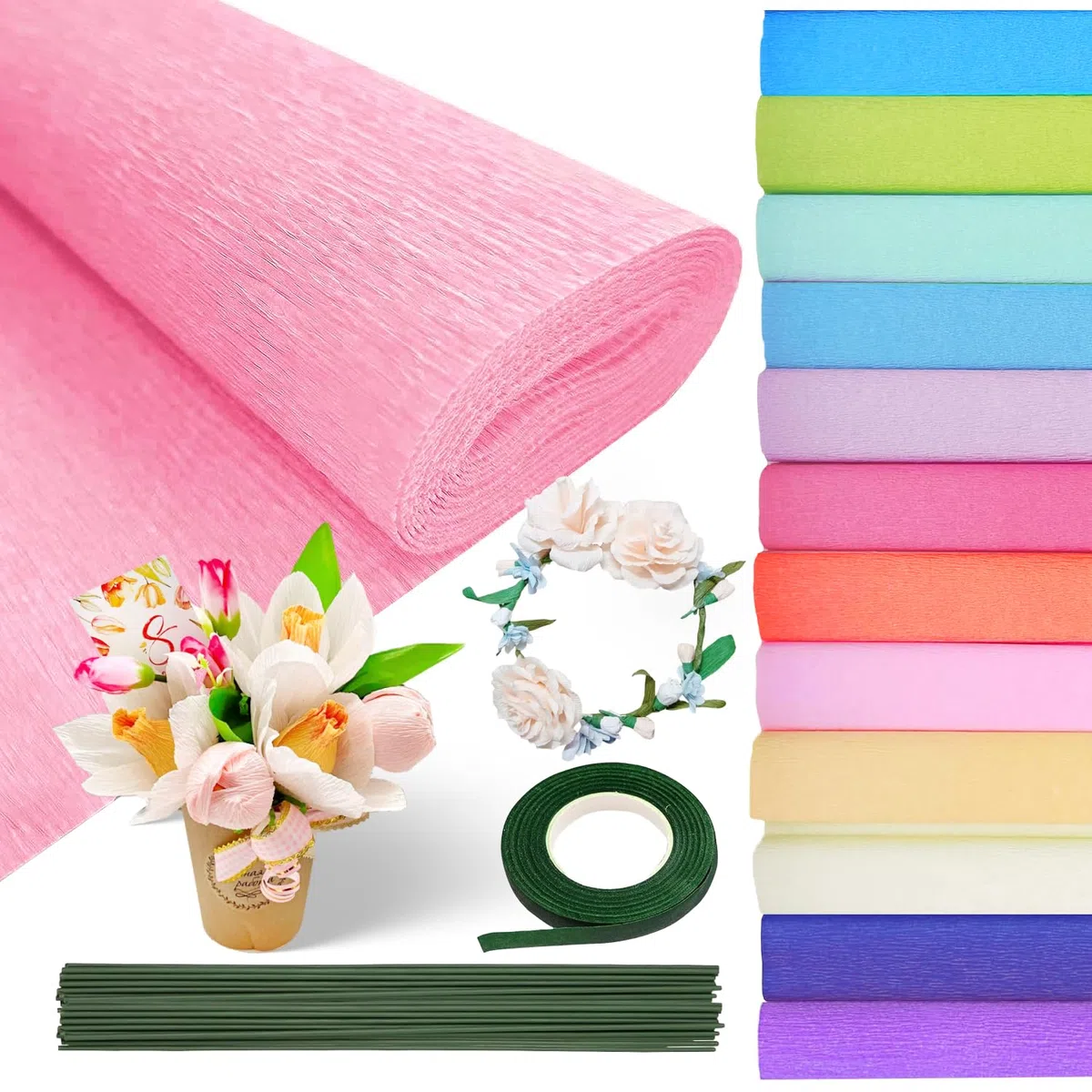 12 Farben Krepppapier Bunt 25x250cm 12 Rollen Kreppapier DIY Crepe Papier Krepppapier Rollen mit Grünes Kabel Blumenband für Die Herstellung von Valentinstag-Blumen DIY Blumenpapier-Handwerk
