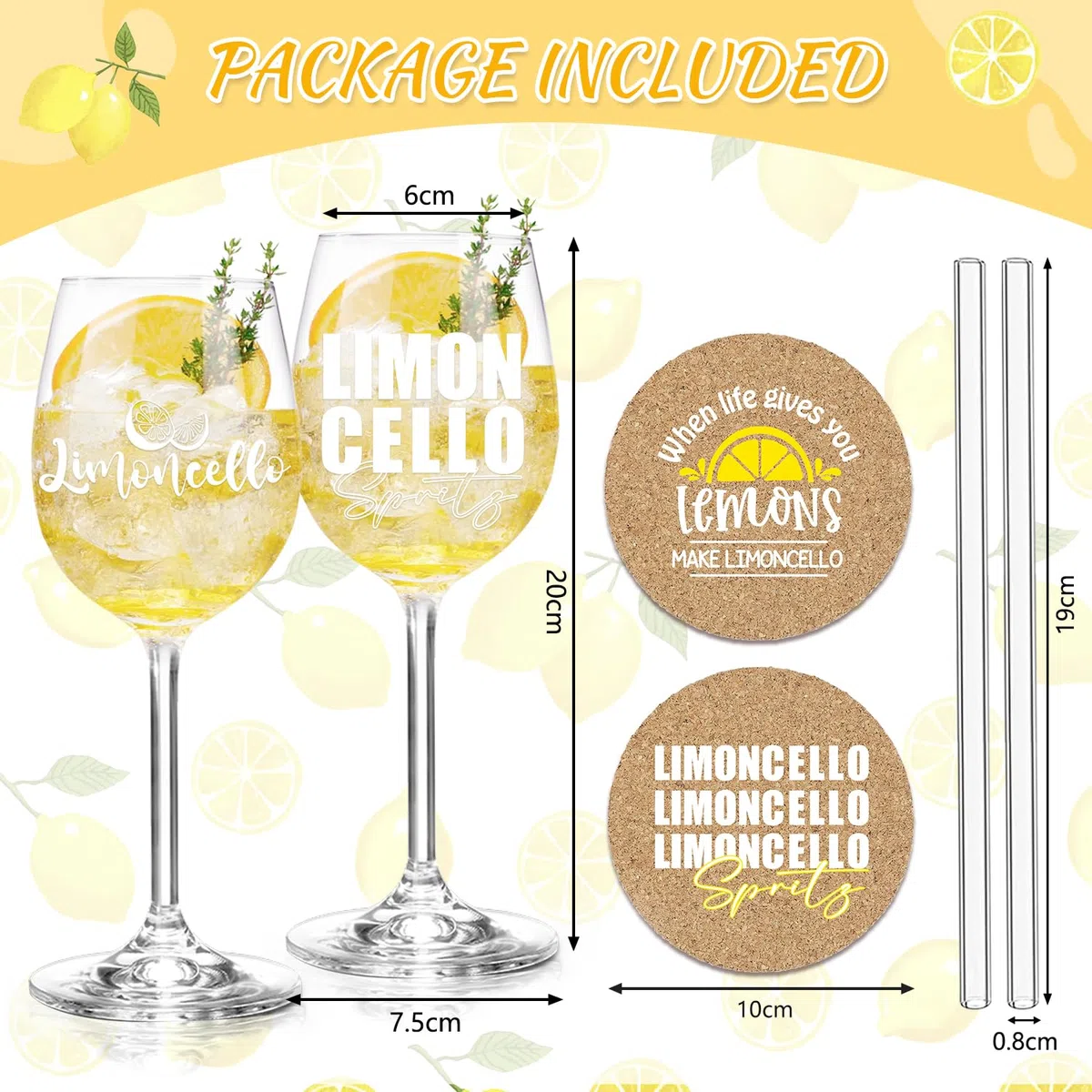 2er Set Limoncello Gläser Geschenkset - Premium Limoncello Aperitifglas∣Glasstrohhalme∣Korkuntersetzer, Ideal Geeignet für Aperitif Fan
