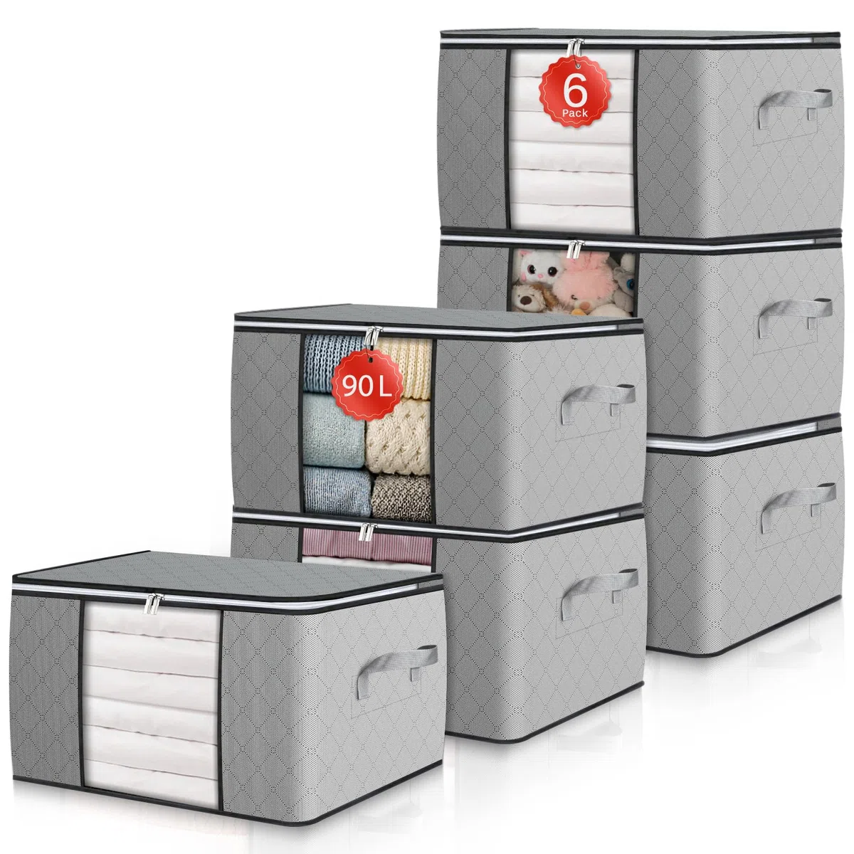 GoMaihe 6 Stück Aufbewahrungstasche Aufbewahrungsbox mit Deckel Kleiderschrank Organizer Faltbare Kleideraufbewahrung Umzugskartons mit Verstärkt Griff für Kleidung Bettdecken Kissen 90L Grau