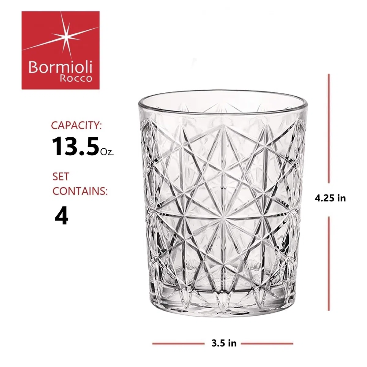 Bormioli Rocco Lounge DOF Glas, 4er-Set, 382 ml, transparent, für Whiskey, Bourbon, Saft und Wasser, hergestellt in Italien.
