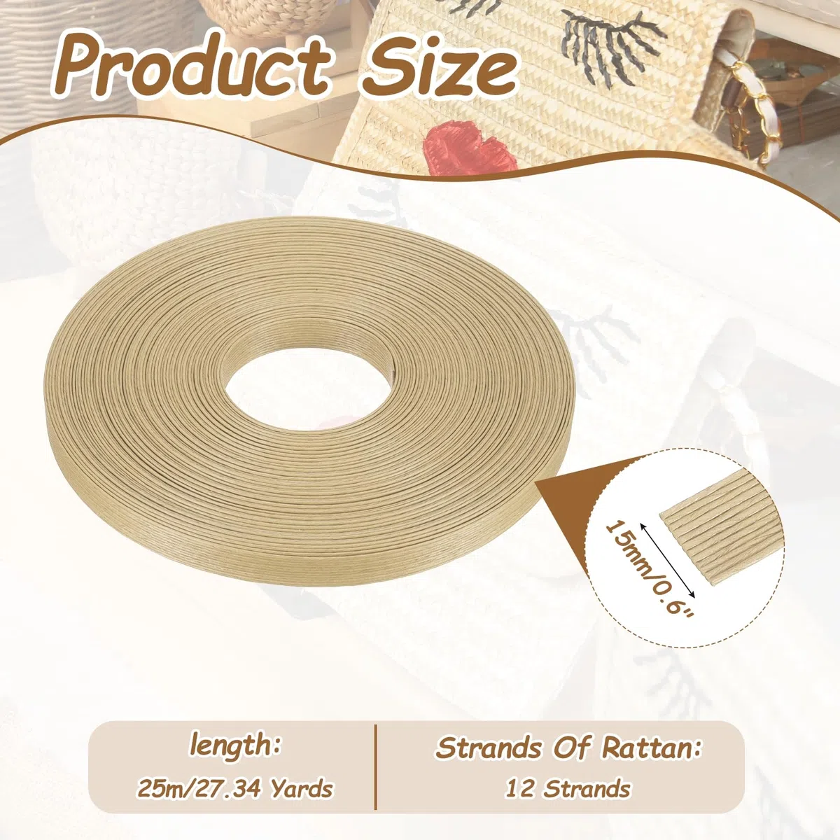 PATIKIL 27,3 Yards x 0,6" Papier Rattan Flechtband 12-Strang Papier Rattan Flechtmaterial Für DIY Heim Küchen Deko Körbe Basteln Hell Khaki