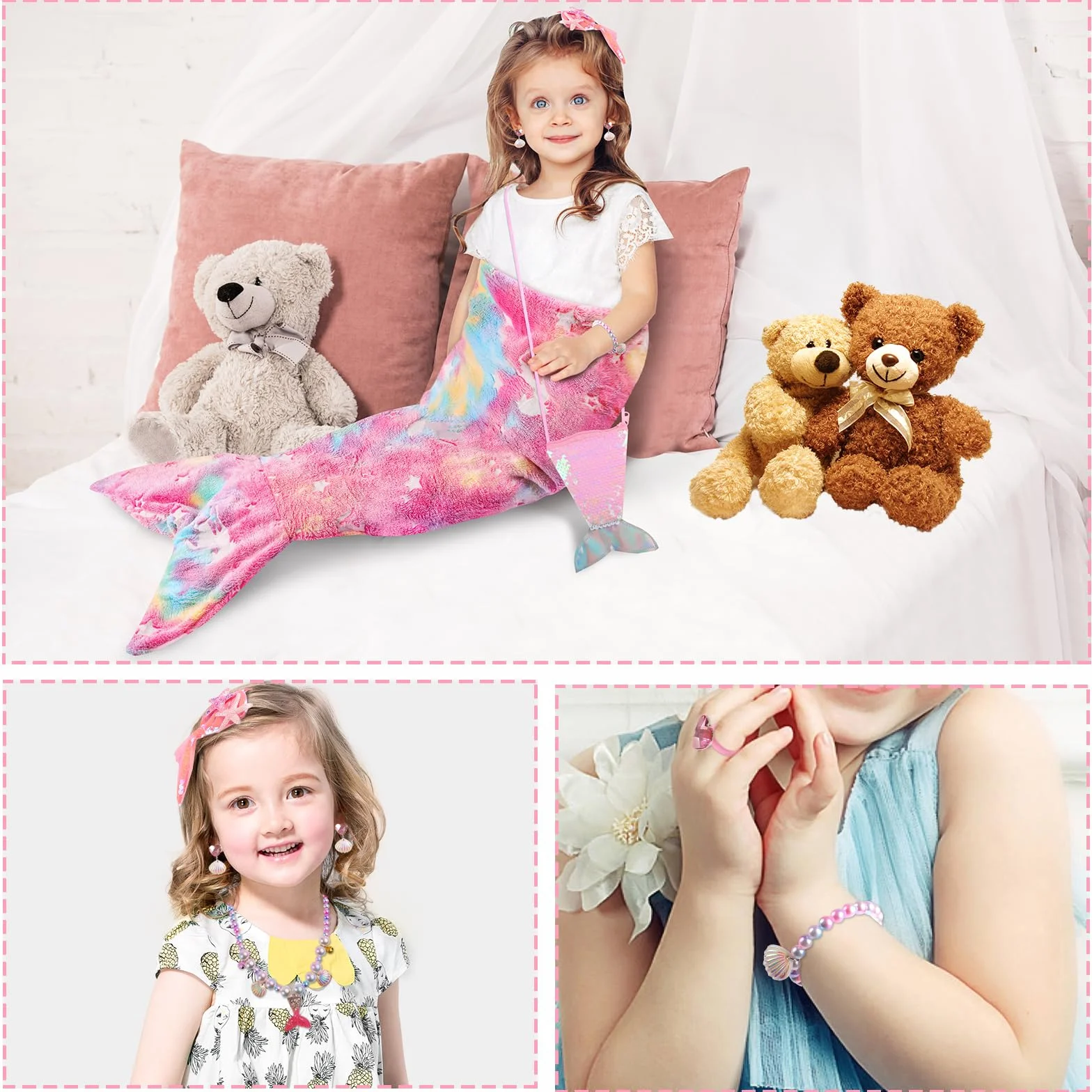 Cyiecw Meerjungfrauen Decke Mädchen Kinder 100x50CM, Meerjungfrauenflosse Mädchen Decke Leuchtet im Dunkeln, Meerjungfrau Flanell Blanket mit Pailletten Portemonnaie und Mermaid Schmuckzubehör
