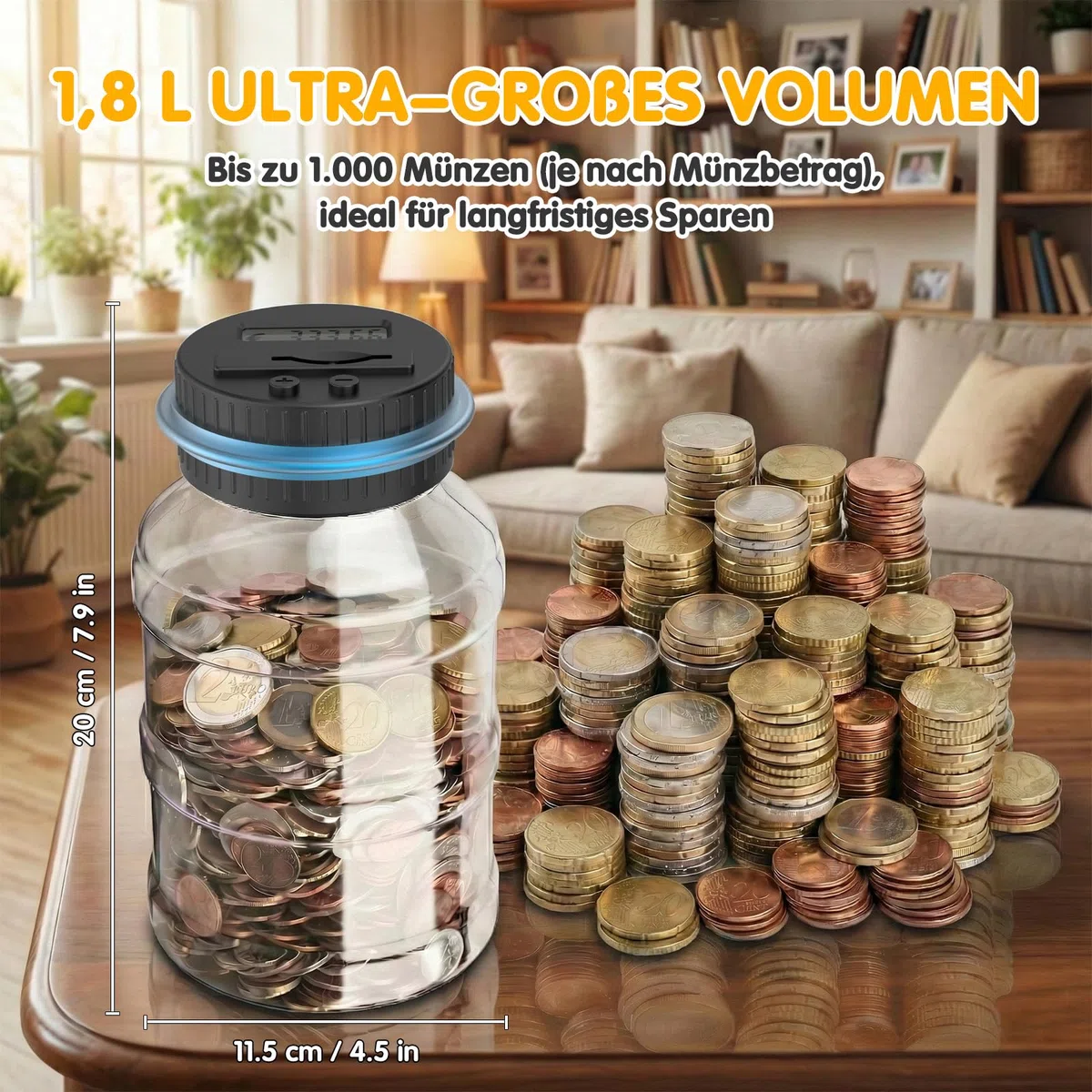 Pup Go Digitale Spardose mit Zähler, 1.8L Münzzähler Groß mit LCD Display, Sparschwein Personalisiert für Kinder Jungen Mädchen und Erwachsene, Durchsichtig Elektrische Sparbüchse Zählwerk XXL
