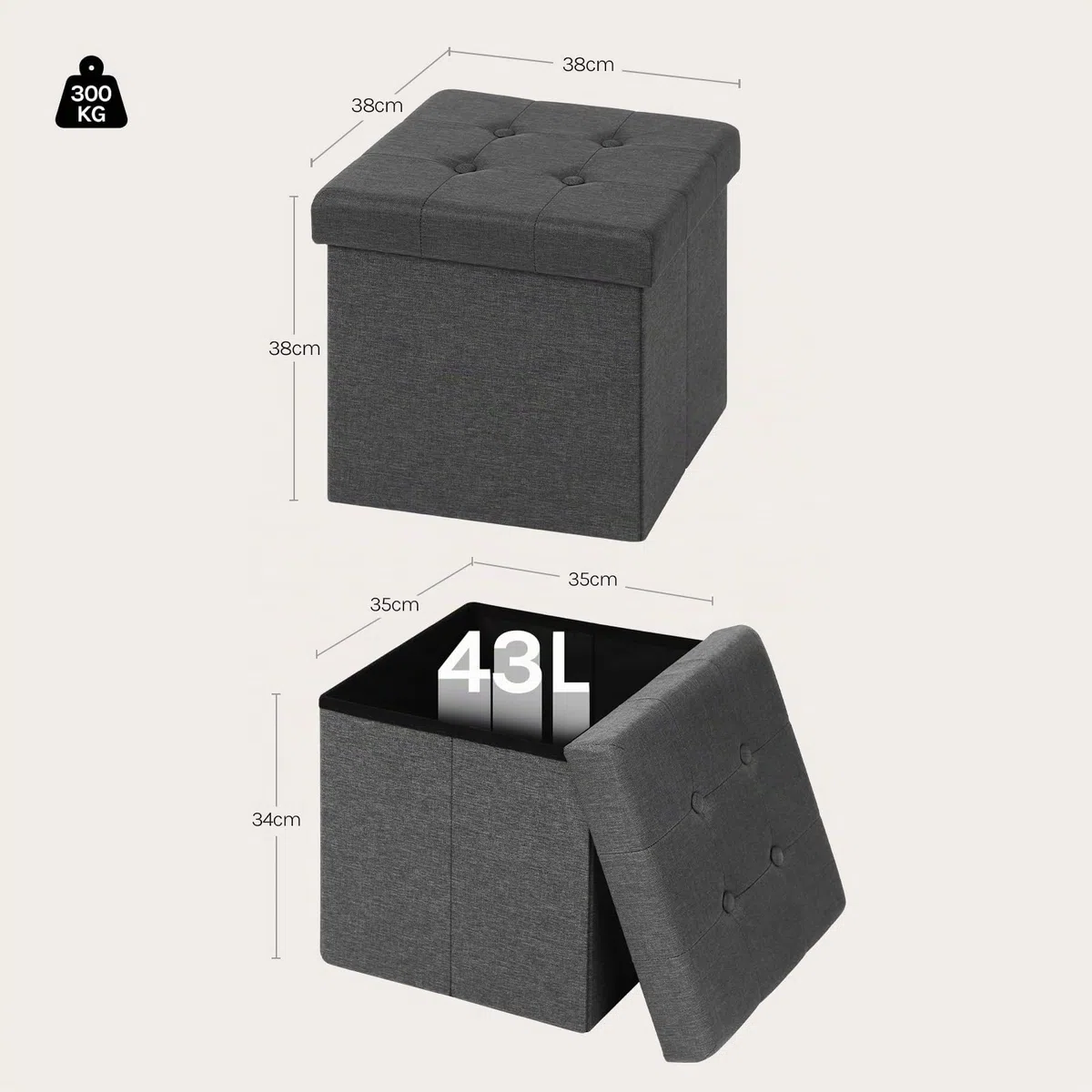 WOLTU® Sitzhocker mit Stauraum Sitzwürfel Sitzbank faltbar Truhen Aufbewahrungsbox, Deckel abnehmbar, Gepolsterte Sitzfläche aus Leinen, 38x38x38CM(LxBxH), Dunkelgrau