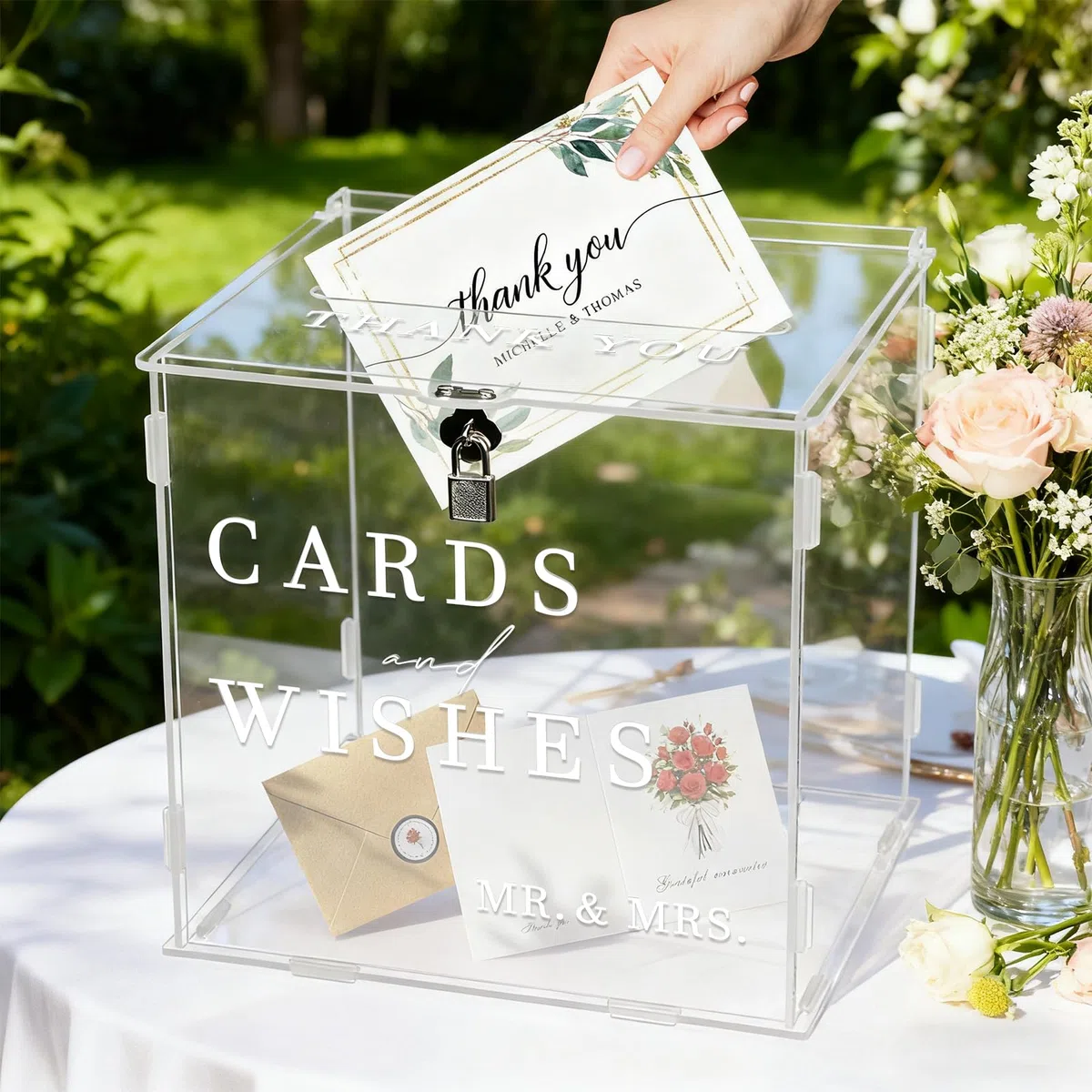 Acryl Hochzeit Kartenbox mit Schloss, Hochzeitsbox Geschenkkarten, Große DIY Kartenbox Hochzeit Geldbox mit Breitem Schlitz Briefkasten Umschlag Box für Geburtstag Babyparty Jubiläum (Weiß)