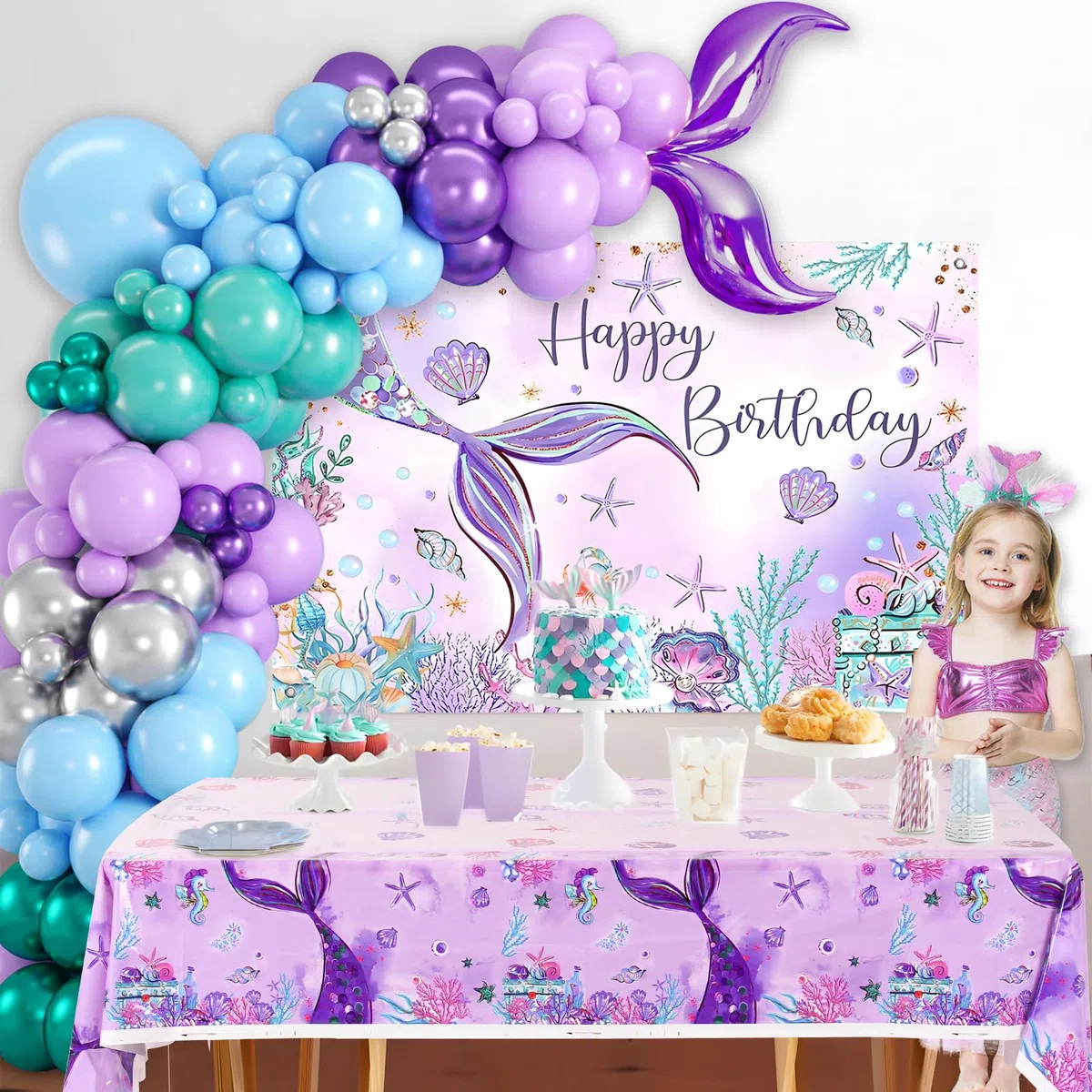 Meerjungfrau Geburtstag Deko Set - 109pcs Meerjungfrau Luftballon mit ballons Lila Blau Mermaid Tail, Meerjungfrauen Tischdecke Hintergrund für Ariel Deko Geburtstag Mädchen, Meerjungfrauen Deko