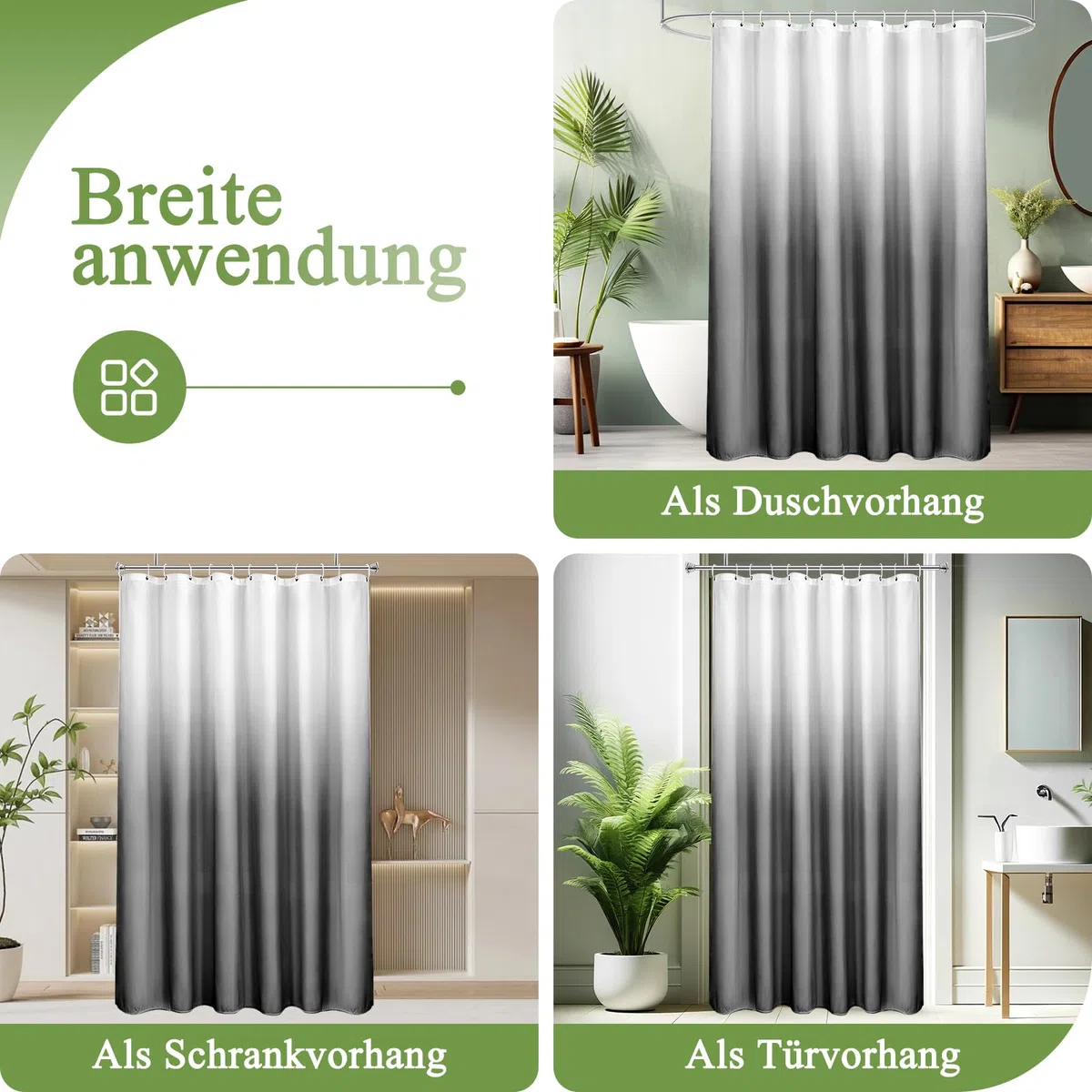 AooHome Duschvorhang 180X200cm Textil, Grau Duschvorhänge 120g/m² Farbverlauf Badvorhang Wasserdicht Waschbar Antischimmel mit 12 Duschvorhangringen(Weiß nach Schwarz)