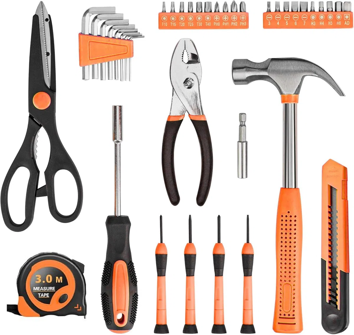 Werkzeugset 39-tlg. Werkzeugkoffer für Damen Herren Reparaturen Haushalts Heimwerken Werkzeug-set – Werkzeugkasten mit Schraubenzieherset und Hammer – Ideal für Haushalt Werkstatt DIY Orange