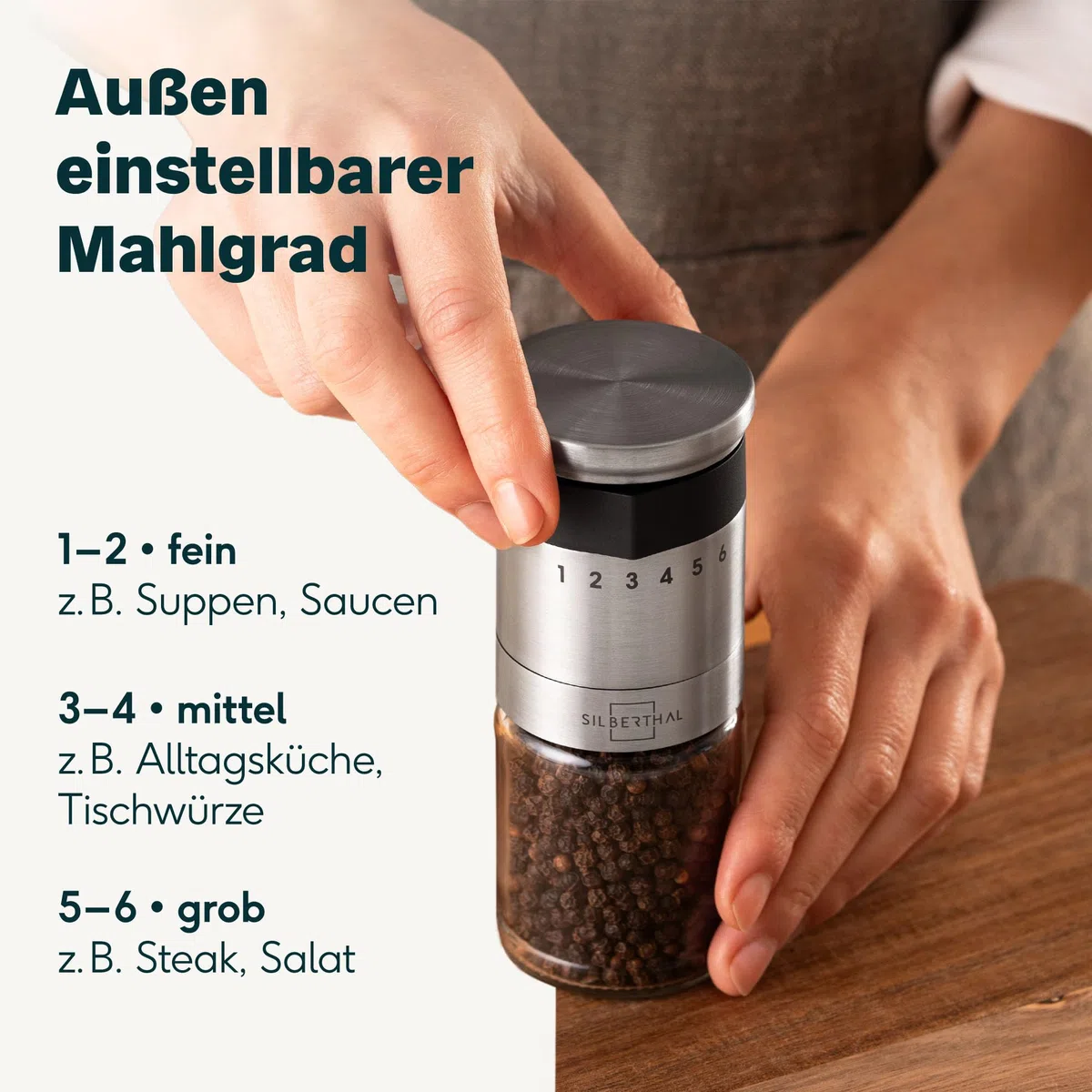 SILBERTHAL Pfeffer- & Salzmühle – Mit außenliegendem Einstellring - 6-Stufen-Mahlwerk, langlebigem Keramikmahlwerk, Aromadeckel und spülmaschinenfestem Glas