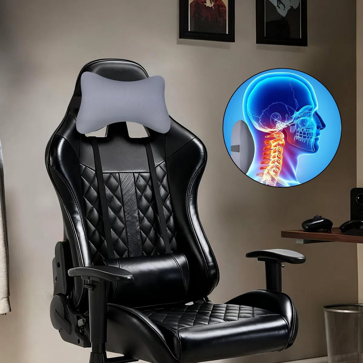 Nackenkissen Sessel Aus Memory Foam Mit Flexiblen Bändern, Nackenkissen Bürostuhl Kopfstütze Ergonomisches Sessel Kissen Rollstuhl Kopfkissen für Reisen, Flugzeuge, Züge und Büros (Grau)