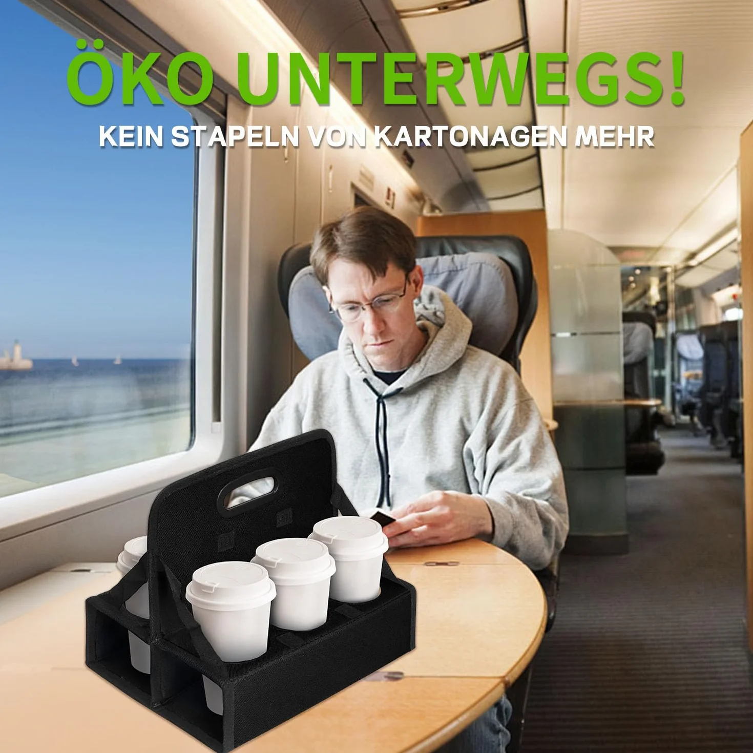 Boczif Tasse Caddy Tragbarer Getränketräger oder Dosen Wiederverwendbar, Becherhalter mit Griff, Tragen Sie Kaffee, Wein, Cocktails, sichert Getränke - für Lieferung und zum Mitnehmen (schwarz)