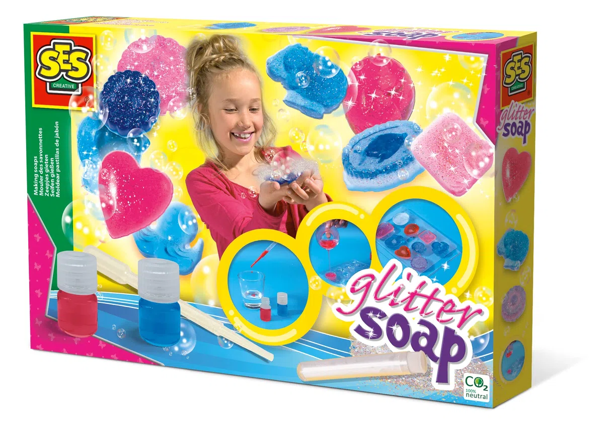 SES Creative | Glitzerseife DIY Kit für Kinder | Seife selber machen ab 7 Jahre | Mit Glitzer, Formen & Farben | Kreatives Bastelset | Sicher & Einfach | Geschenkidee Mädchen 7 Jahre