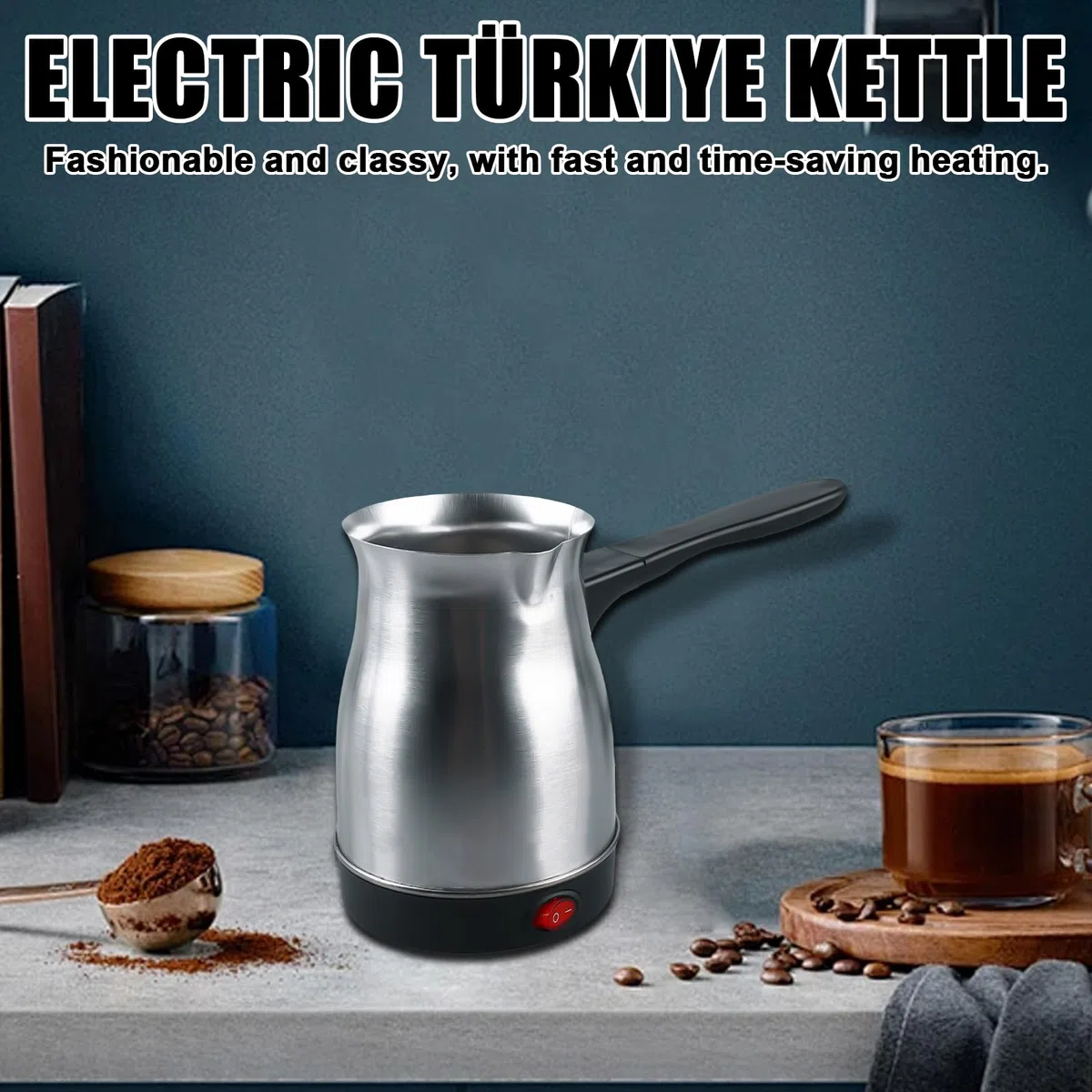 Elektrische Türkische Kaffeekanne, 800ML 800W Türkische Kaffeemaschine mit Griff, Edelstahl Kaffeekessel, Mokkakanne, Mehrzweck-Schnellkessel Kaffeekocher für Zuhause,Büro,Mocca & Tee,Reisen (Silber)
