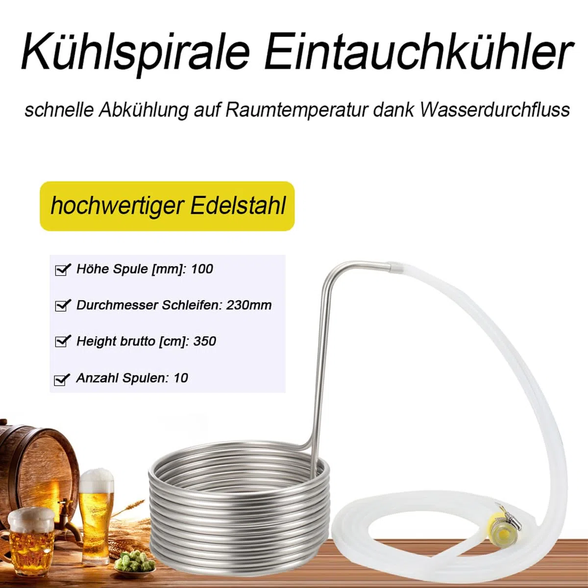 Kühlspirale Eintauchkühler Kühlschlange Maischekühler Kühlspirale Ø 23cm Bier Kühler Kühlrohr Brauerei Bier Kühlschlange Würzekühler Rohr mit 2 * 2m Silikonschläuche, Verbindungsstücke